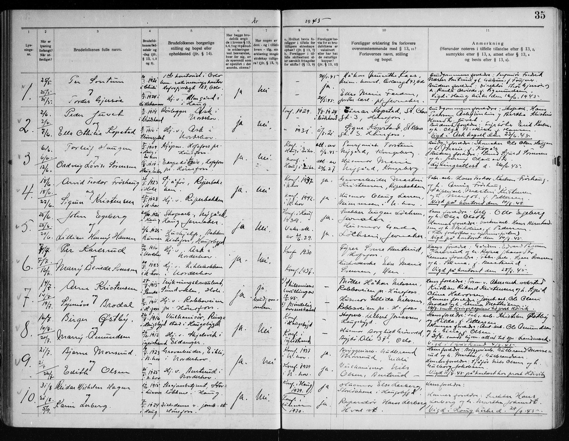 Norderhov kirkebøker, AV/SAKO-A-237/H/Ha/L0005: Banns register no. 5, 1938-1954, p. 35