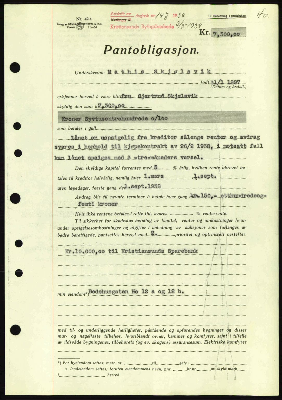 Kristiansund byfogd, SAT/A-4587/A/27: Mortgage book no. 31, 1938-1939, Diary no: : 147/1938