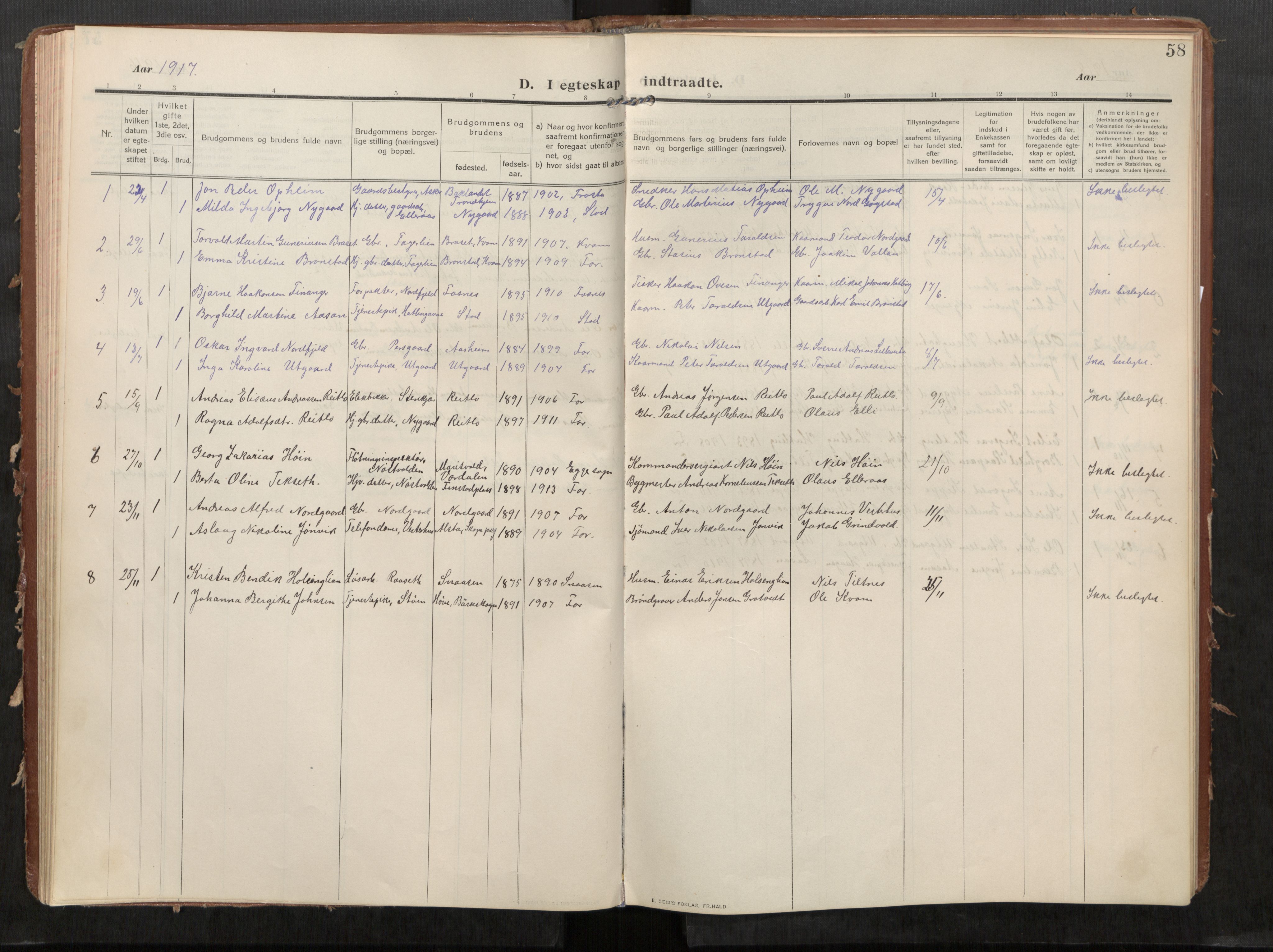 Stod sokneprestkontor, SAT/A-1164/1/I/I1/I1a/L0002: Parish register (official) no. 2, 1909-1922, p. 58