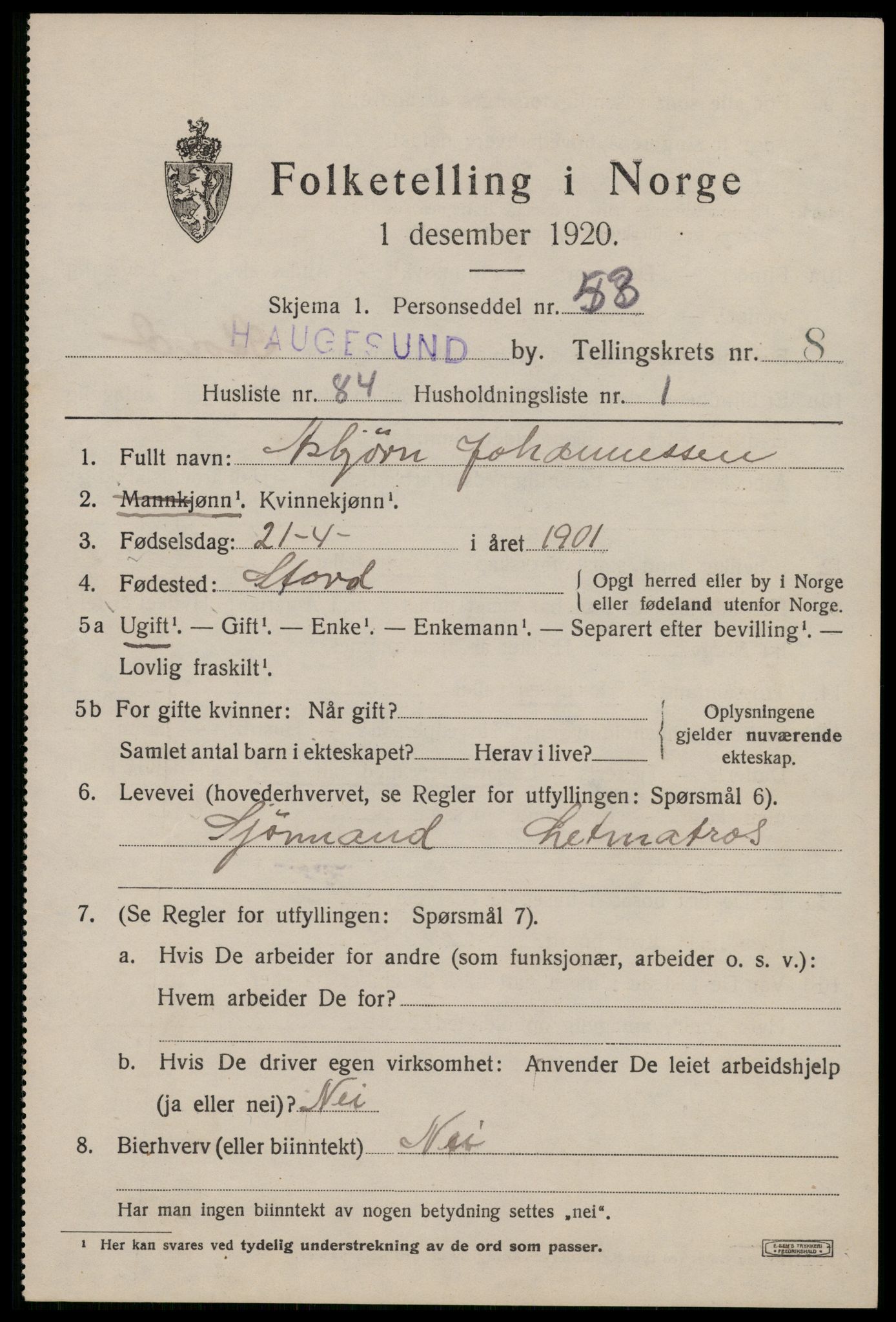 SAST, 1920 census for Haugesund, 1920, p. 29041