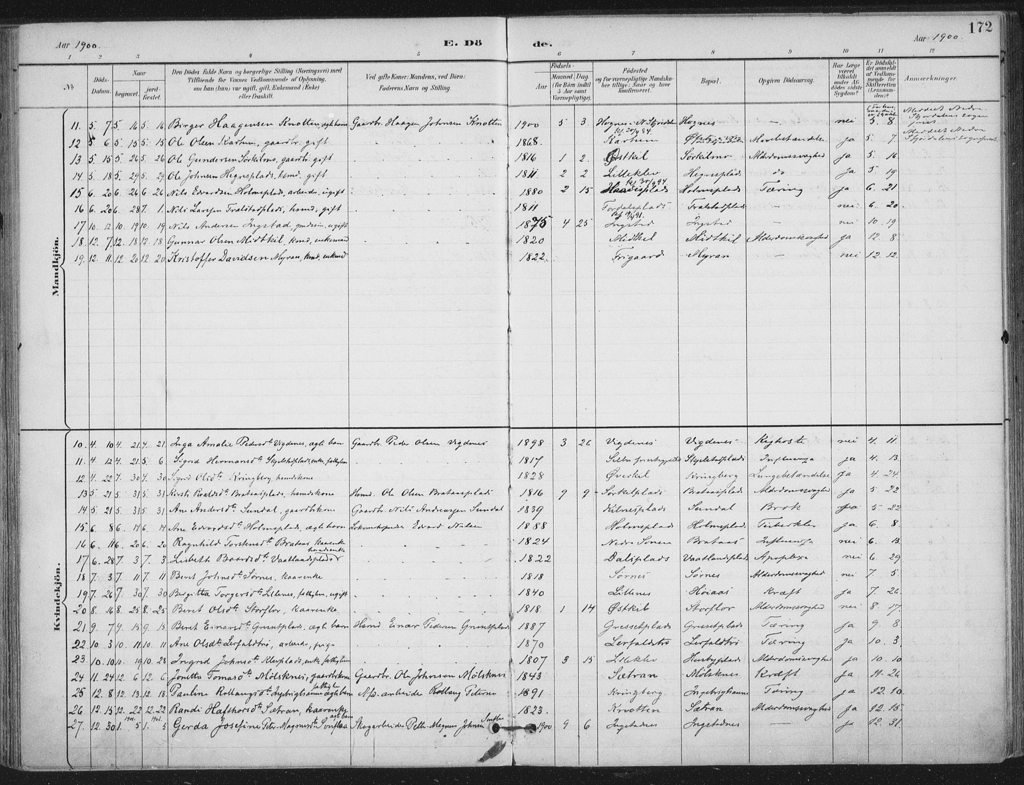 Ministerialprotokoller, klokkerbøker og fødselsregistre - Nord-Trøndelag, SAT/A-1458/703/L0031: Parish register (official) no. 703A04, 1893-1914, p. 172