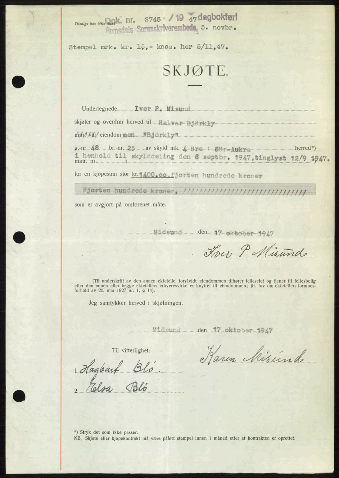 Romsdal sorenskriveri, SAT/A-4149/1/2/2C: Mortgage book no. A24, 1947-1947, Diary no: : 2745/1947