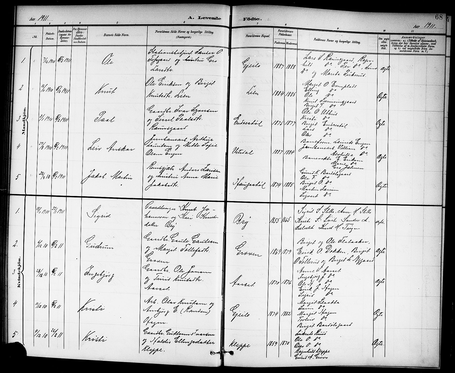 Hol kirkebøker, AV/SAKO-A-227/G/Ga/L0001: Parish register (copy) no. I 1, 1900-1919, p. 68