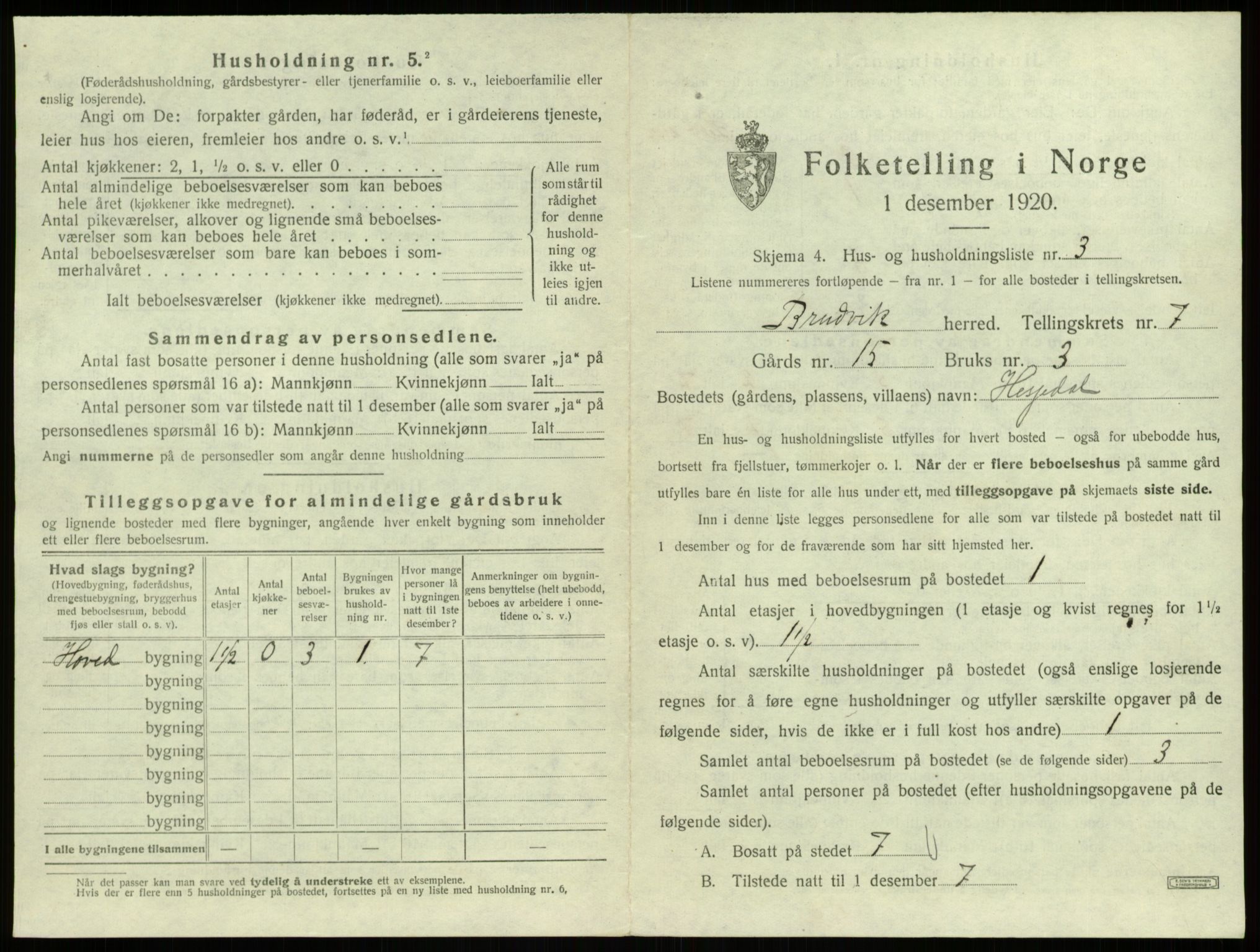 SAB, 1920 census for Bruvik, 1920, p. 531