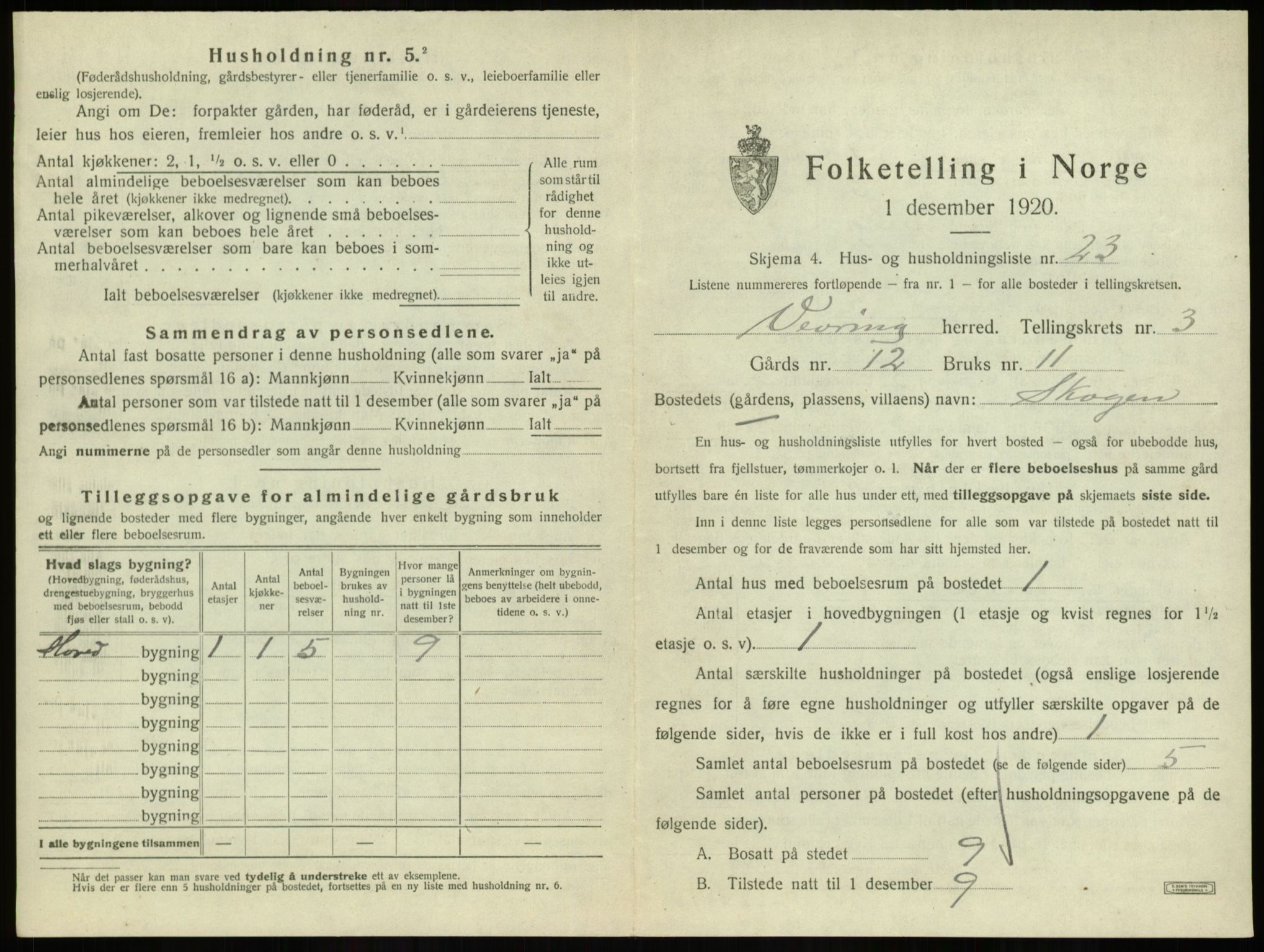 SAB, 1920 census for Vevring, 1920, p. 173