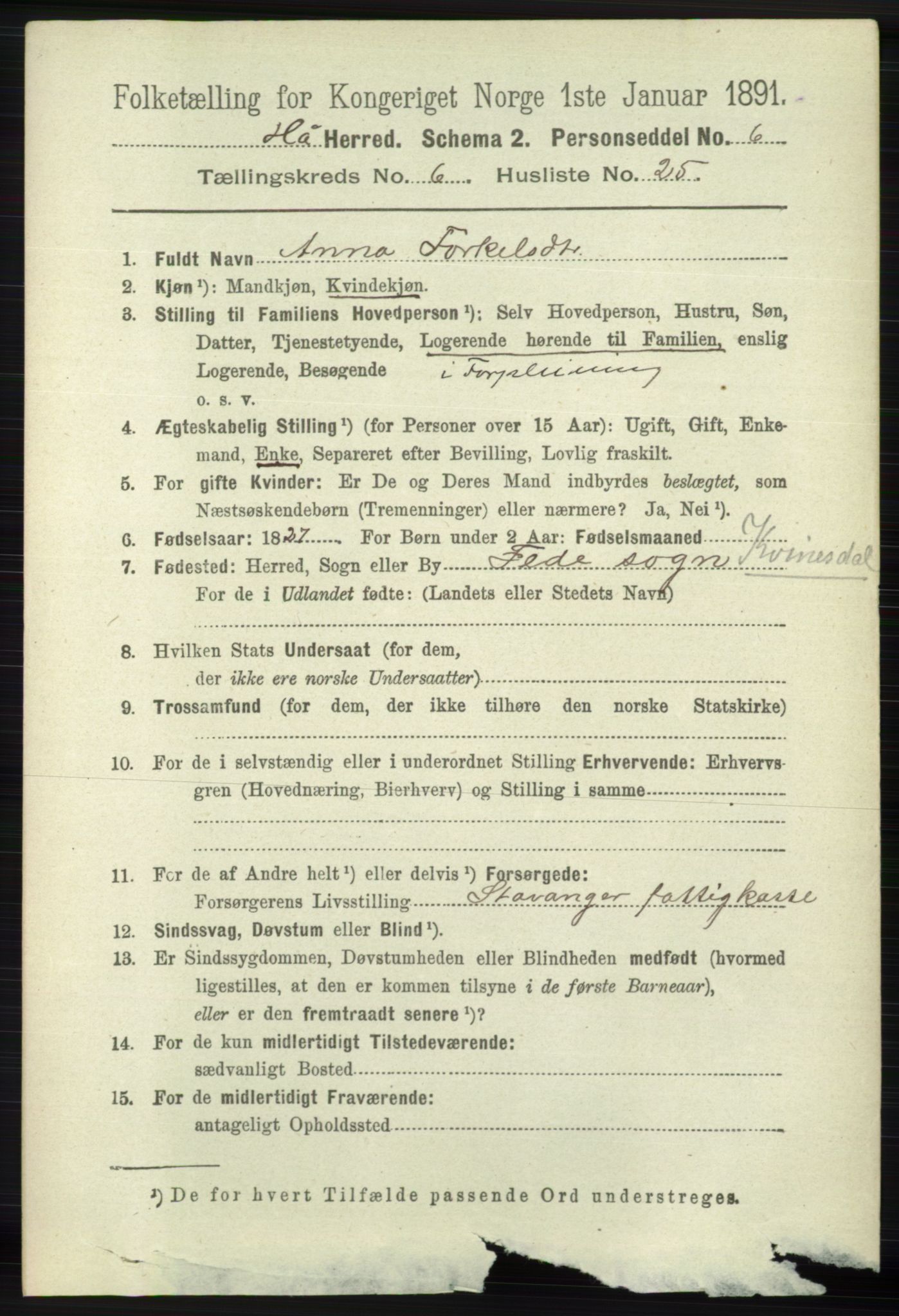 RA, 1891 census for 1119 Hå, 1891, p. 1889