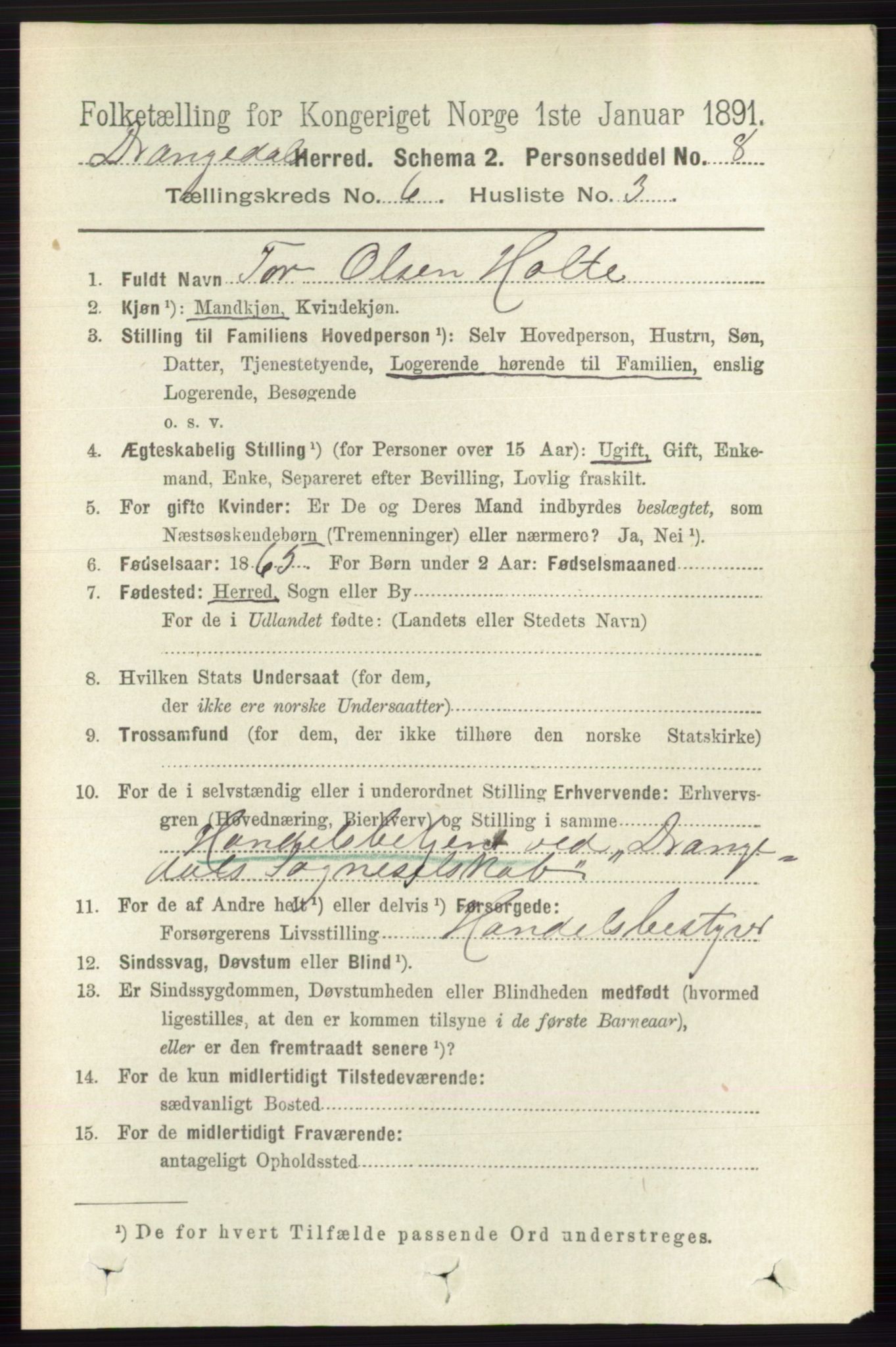 RA, 1891 census for 0817 Drangedal, 1891, p. 2005