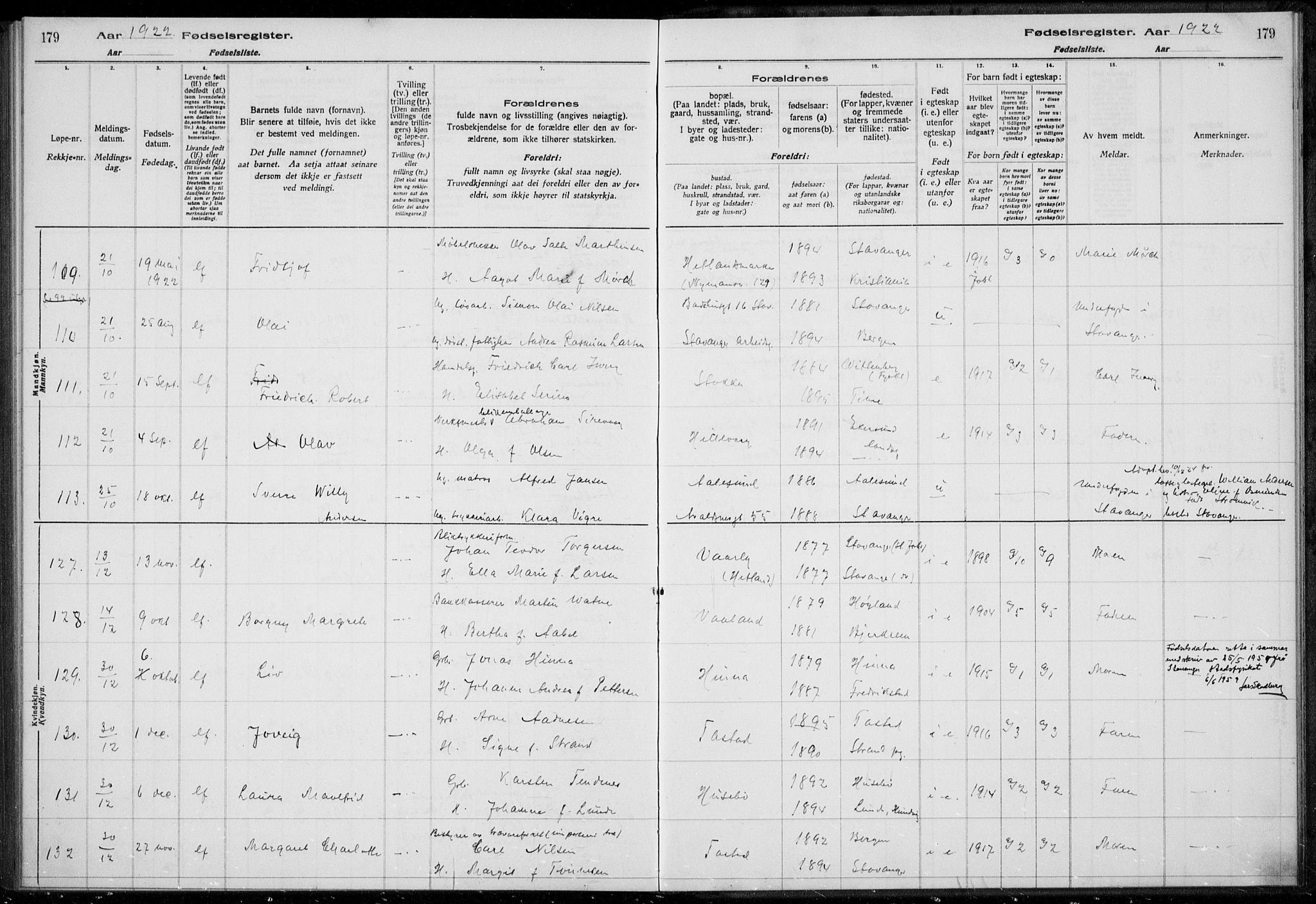 Hetland sokneprestkontor, AV/SAST-A-101826/70/704BA/L0003: Birth register no. 1, 1916-1923, p. 179