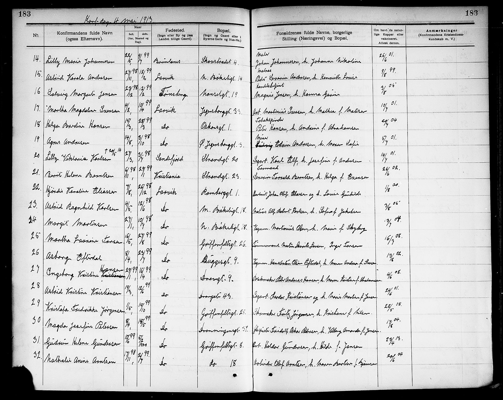 Larvik kirkebøker, AV/SAKO-A-352/G/Ga/L0006: Parish register (copy) no. I 6, 1888-1917, p. 183