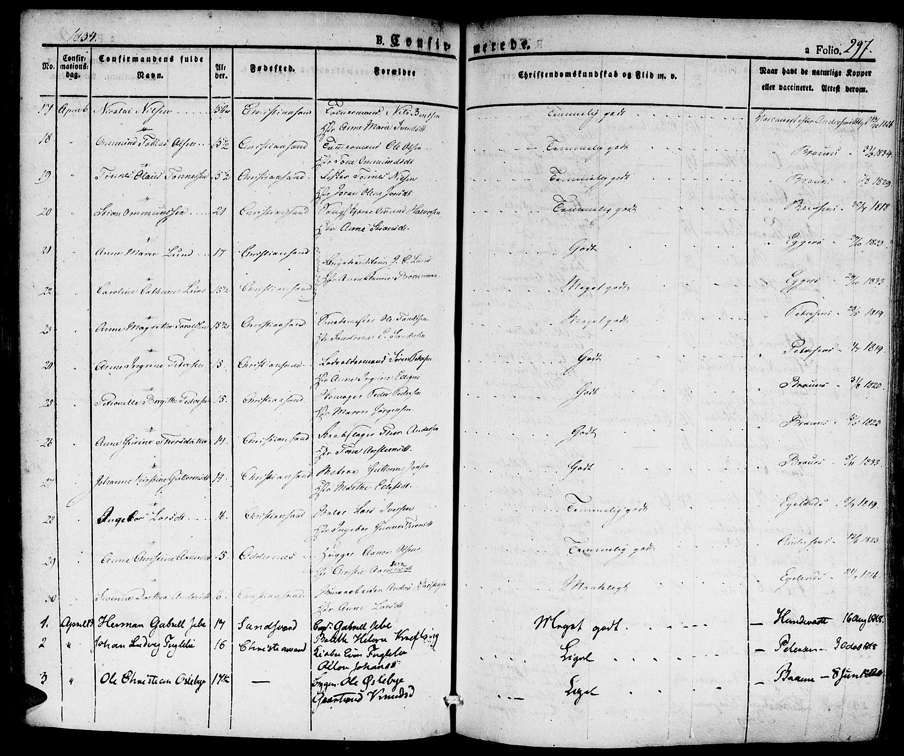 Kristiansand domprosti, SAK/1112-0006/F/Fa/L0011: Parish register (official) no. A 11, 1827-1841, p. 297