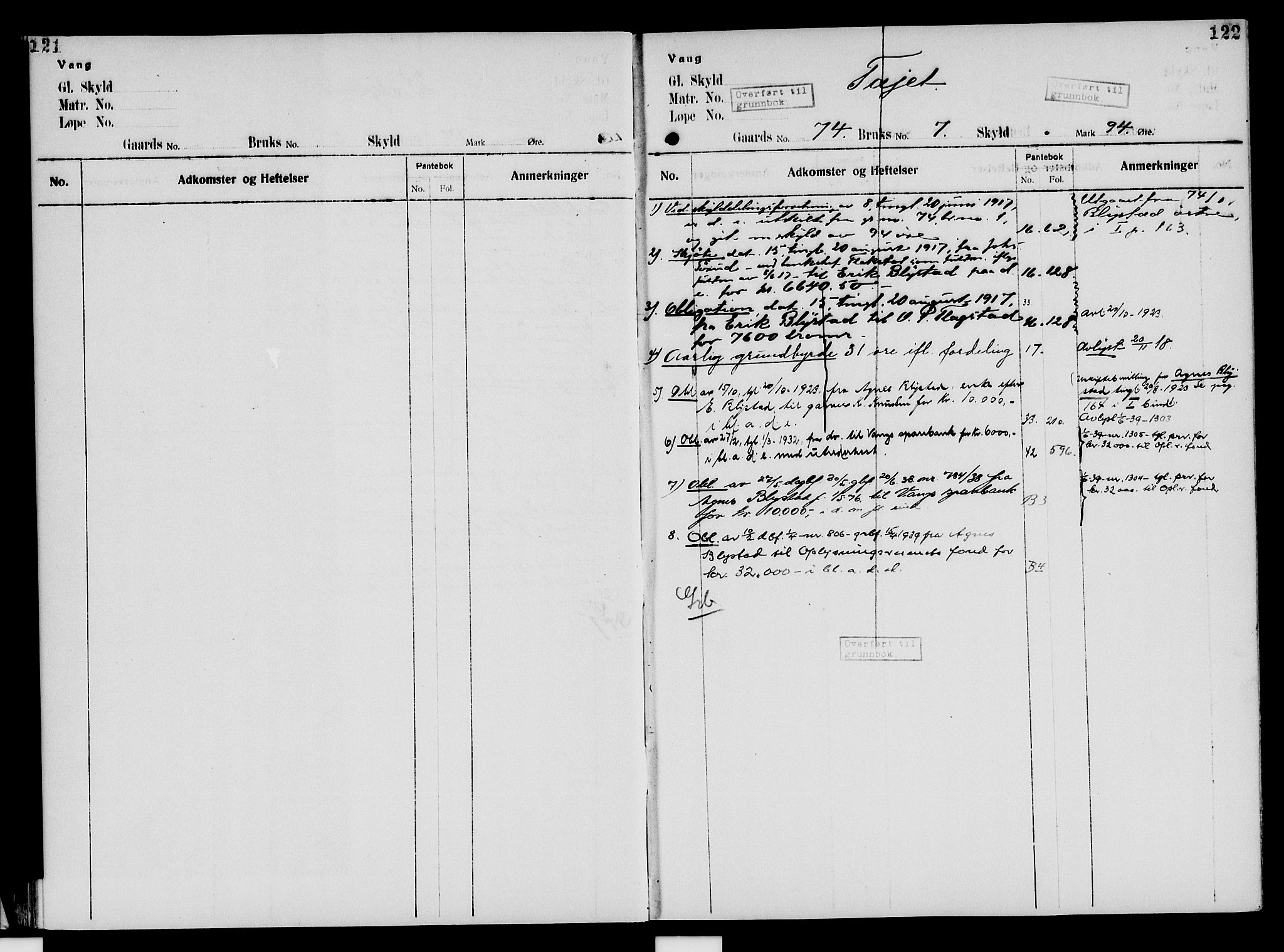 Nord-Hedmark sorenskriveri, SAH/TING-012/H/Ha/Had/Hade/L0005: Mortgage register no. 4.5, 1916-1940, p. 121-122