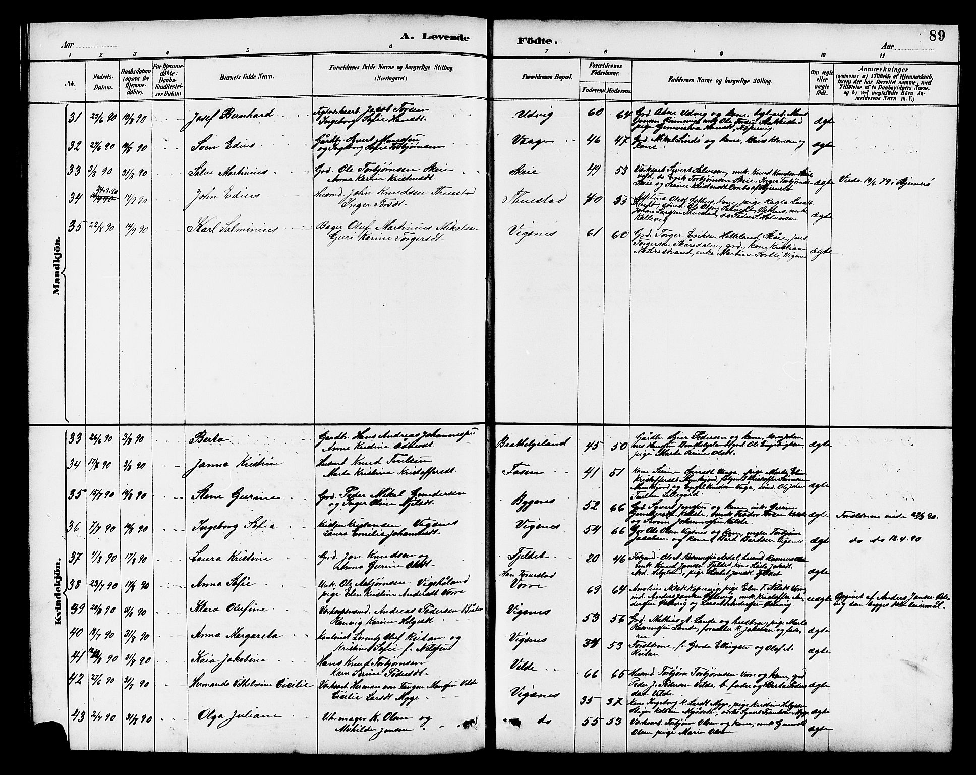 Avaldsnes sokneprestkontor, SAST/A -101851/H/Ha/Hab/L0007: Parish register (copy) no. B 7, 1885-1909, p. 89