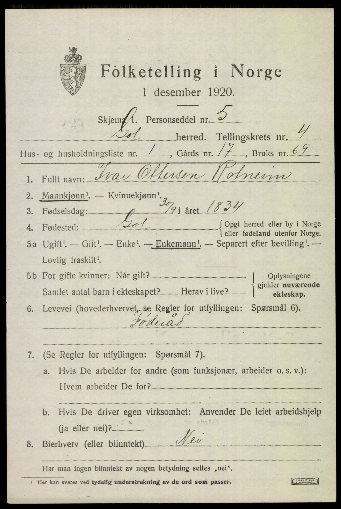 SAKO, 1920 census for Gol, 1920, p. 2738