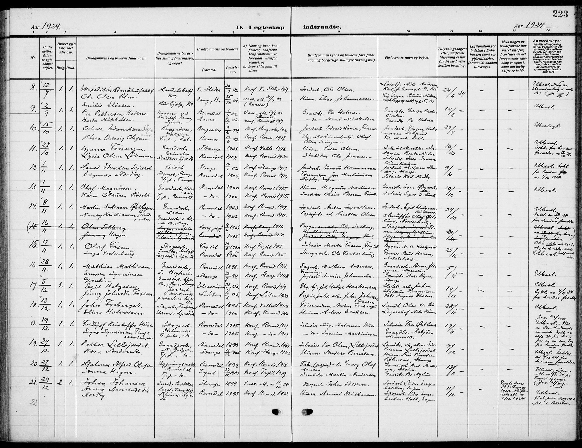 Romedal prestekontor, AV/SAH-PREST-004/K/L0012: Parish register (official) no. 12, 1913-1935, p. 223