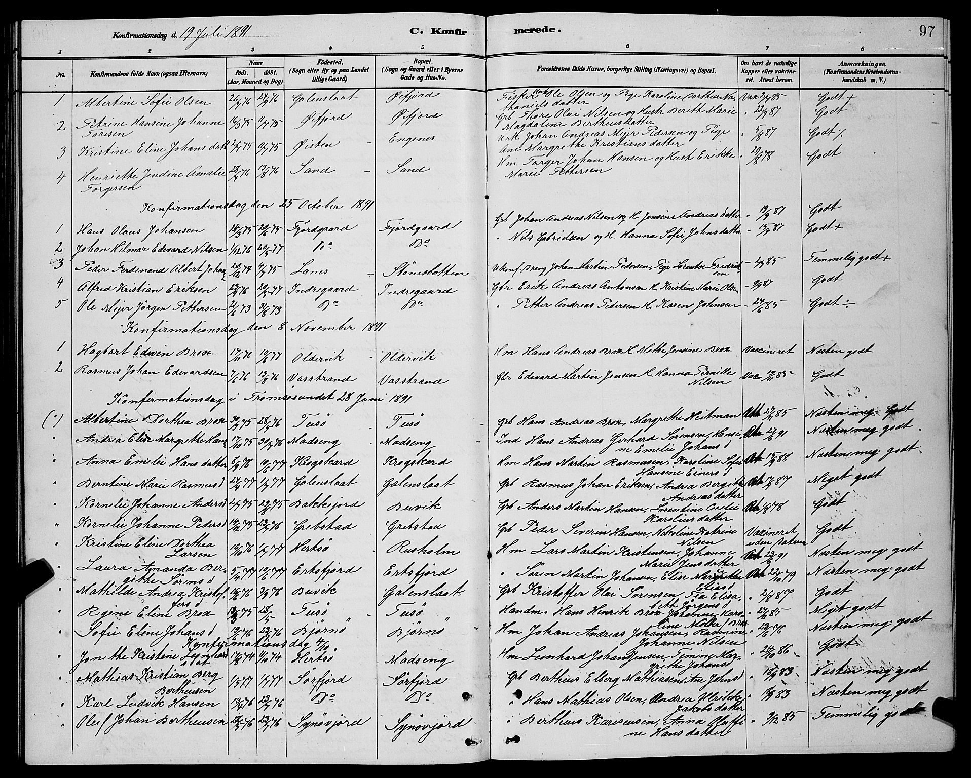 Lenvik sokneprestembete, SATØ/S-1310/H/Ha/Hab/L0021klokker: Parish register (copy) no. 21, 1884-1900, p. 97