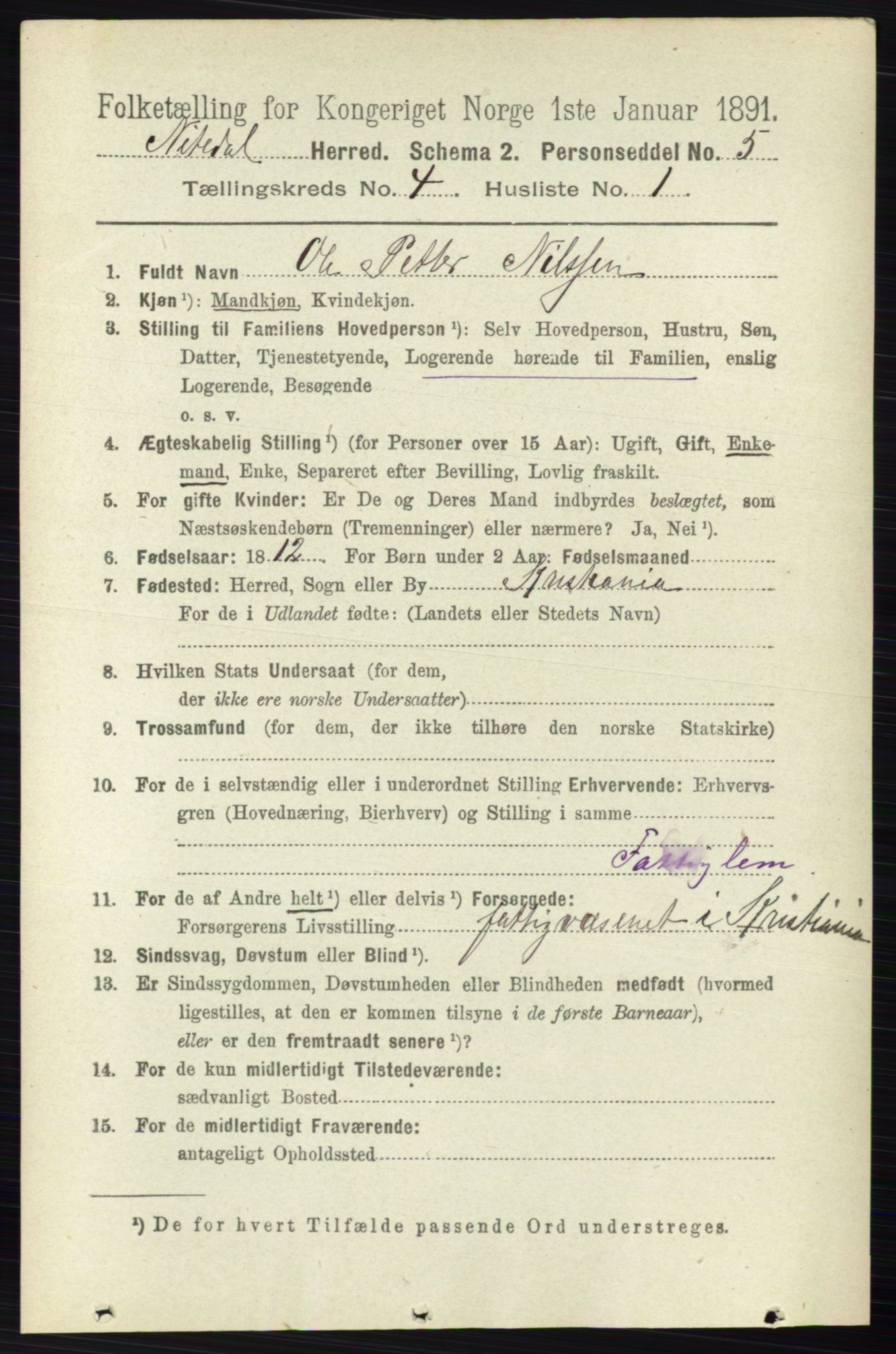 RA, 1891 census for 0233 Nittedal, 1891, p. 1705