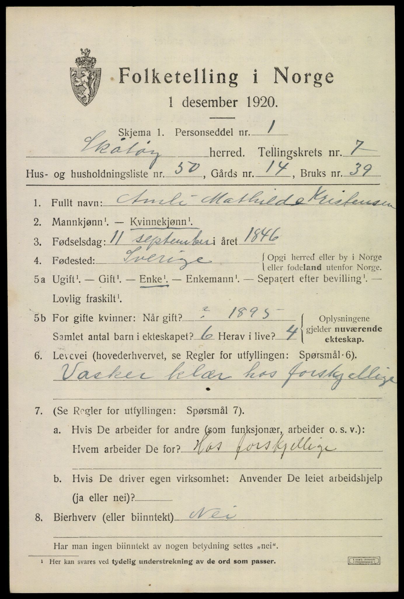 SAKO, 1920 census for Skåtøy, 1920, p. 5858