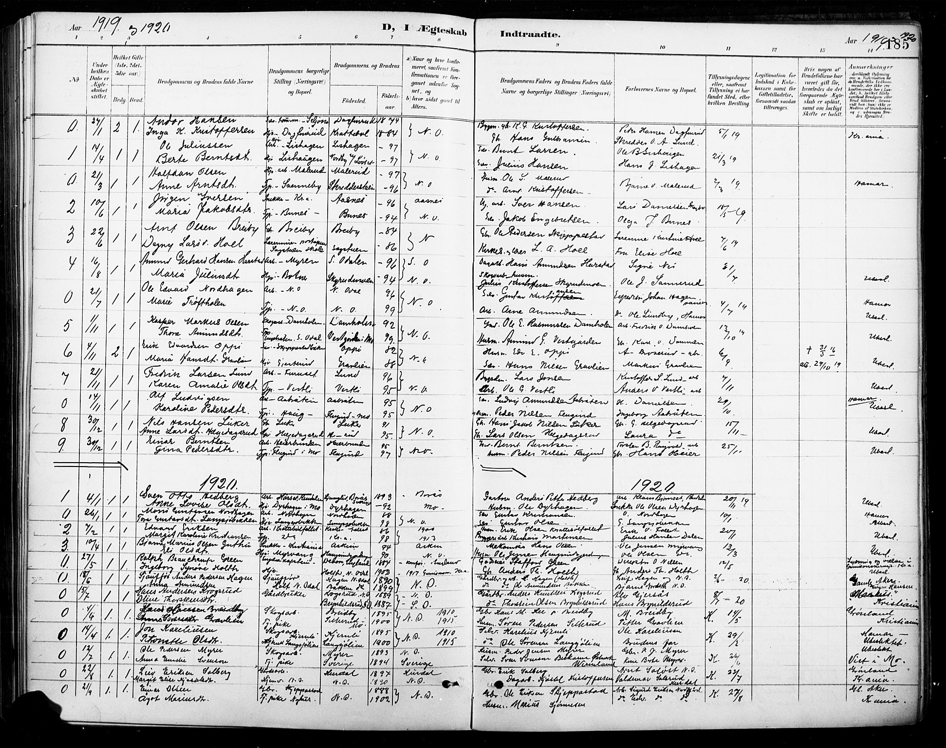 Nord-Odal prestekontor, AV/SAH-PREST-032/H/Ha/Hab/L0003: Parish register (copy) no. 3, 1895-1923, p. 185