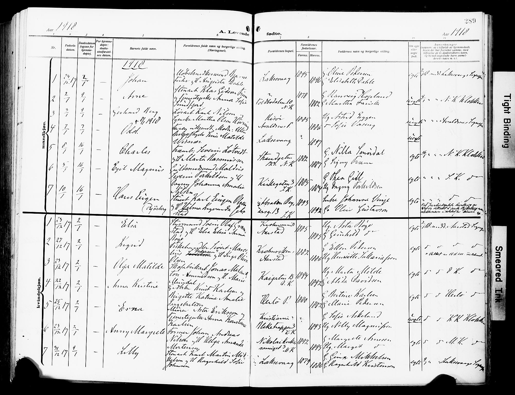 Fødselsstiftelsens sokneprestembete*, SAB/-: Parish register (official) no. A 4, 1910-1918, p. 289