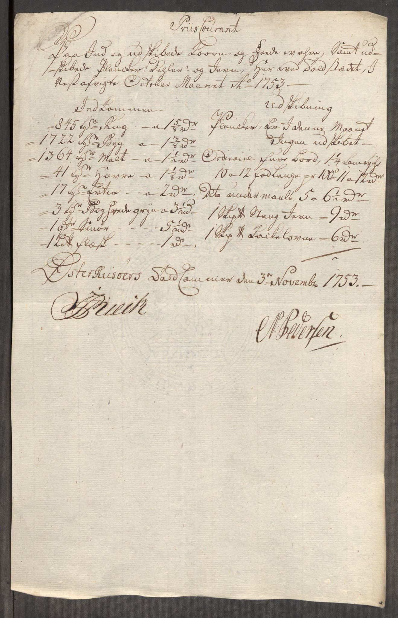 Rentekammeret inntil 1814, Realistisk ordnet avdeling, RA/EA-4070/Oe/L0005: [Ø1]: Priskuranter, 1753-1757, p. 126