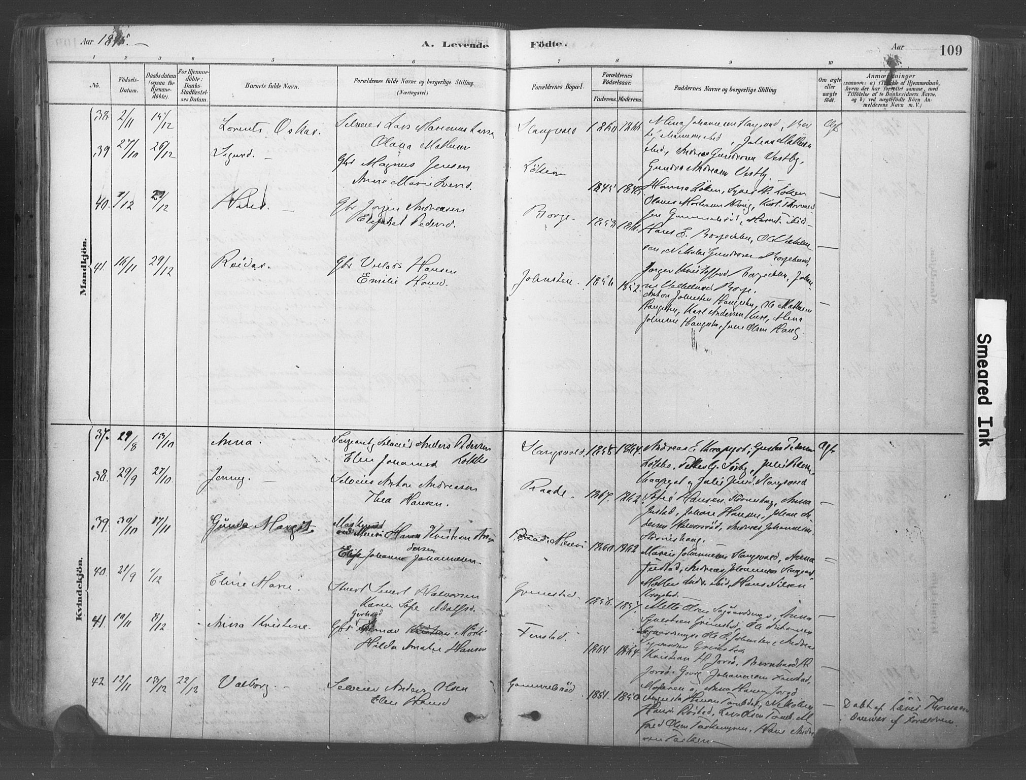 Råde prestekontor kirkebøker, AV/SAO-A-2009/F/Fa/L0007: Parish register (official) no. 7, 1878-1902, p. 109