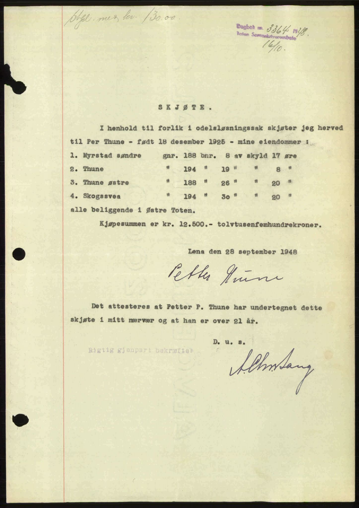 Toten tingrett, SAH/TING-006/H/Hb/Hbc/L0020: Mortgage book no. Hbc-20, 1948-1948, Diary no: : 3364/1948