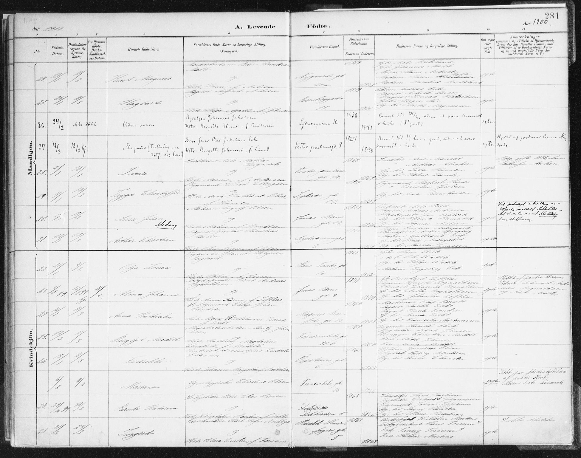 Johanneskirken sokneprestembete, AV/SAB-A-76001/H/Haa/L0001: Parish register (official) no. A 1, 1885-1900, p. 281