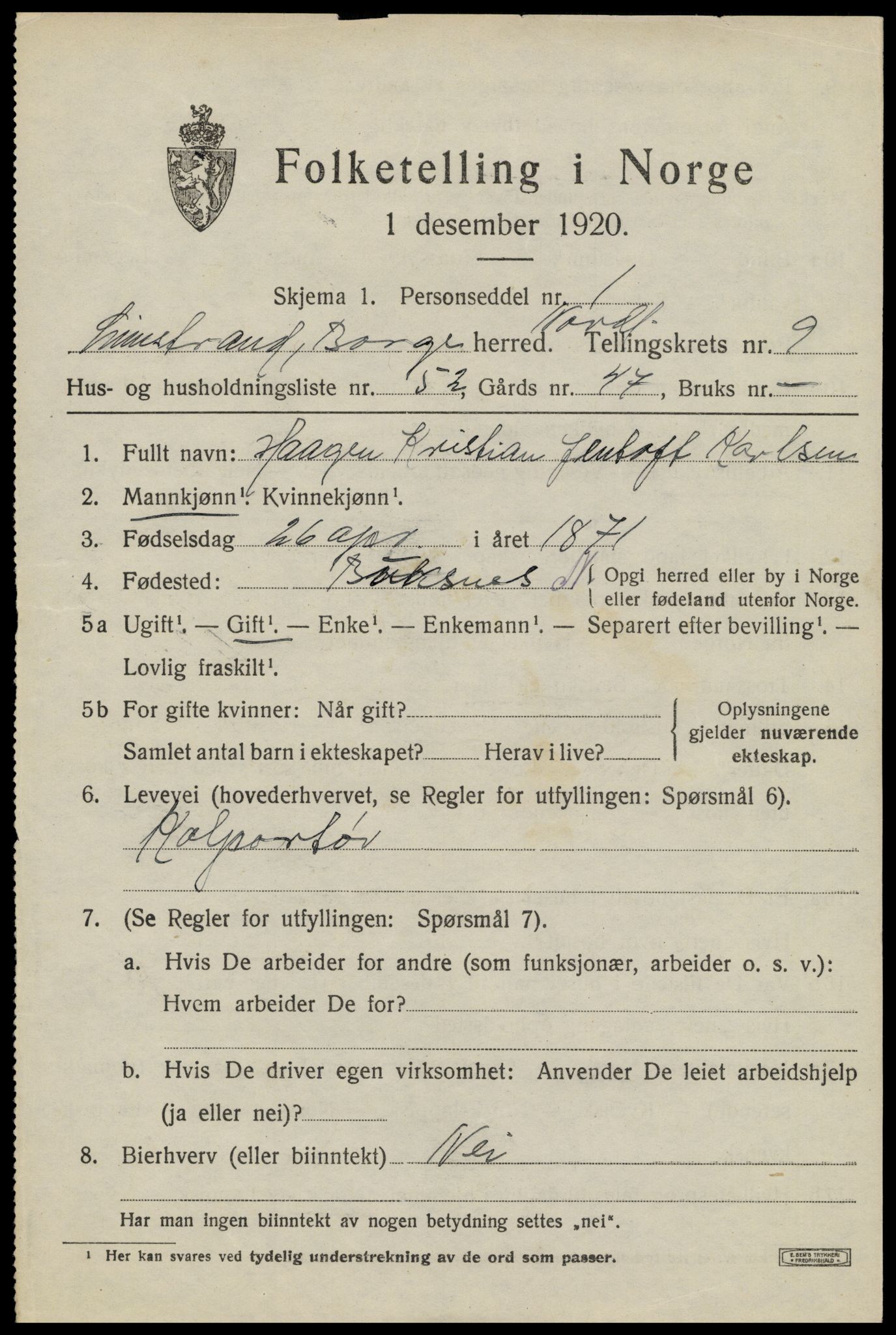 SAT, 1920 census for Borge, 1920, p. 8697