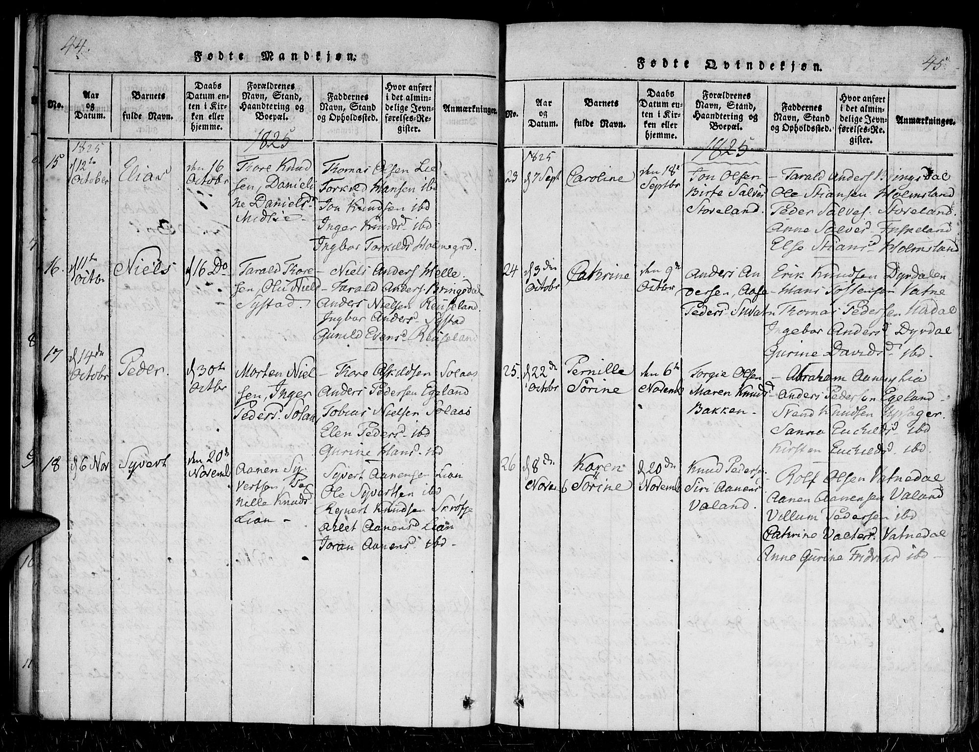 Holum sokneprestkontor, SAK/1111-0022/F/Fa/Faa/L0004: Parish register (official) no. A 4, 1820-1849, p. 44-45