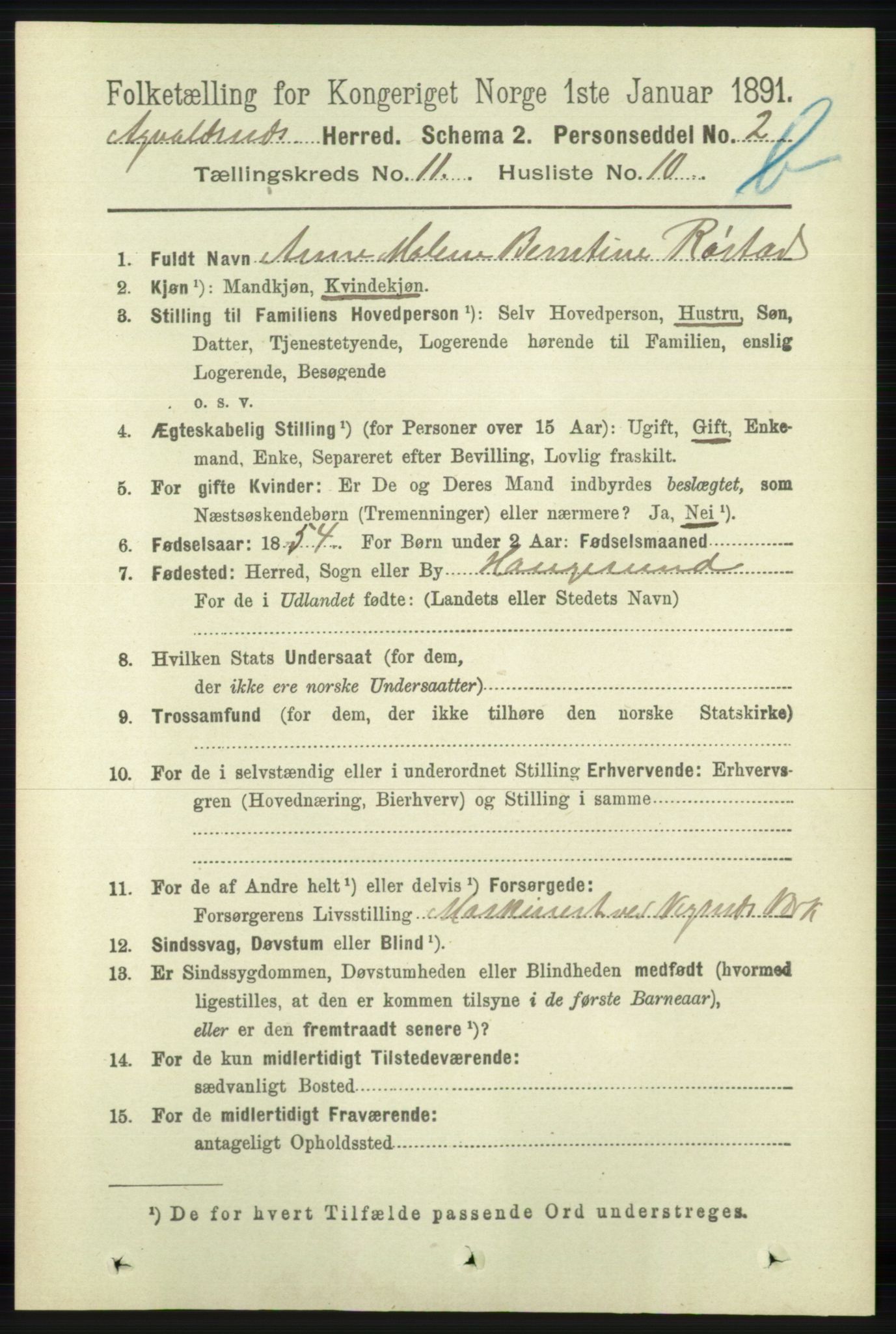 RA, 1891 census for 1147 Avaldsnes, 1891, p. 6366