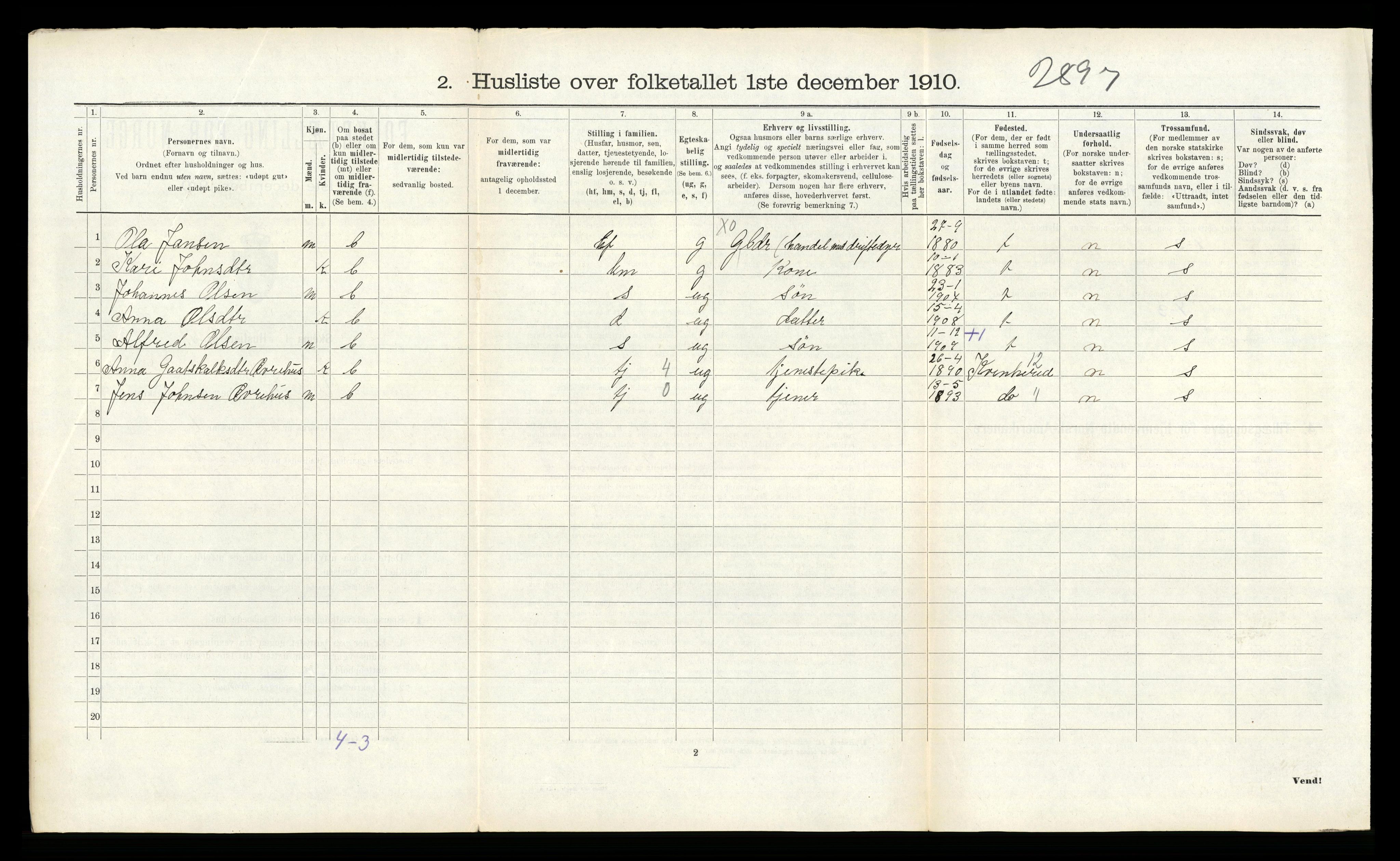 RA, 1910 census for Kvam, 1910, p. 1100