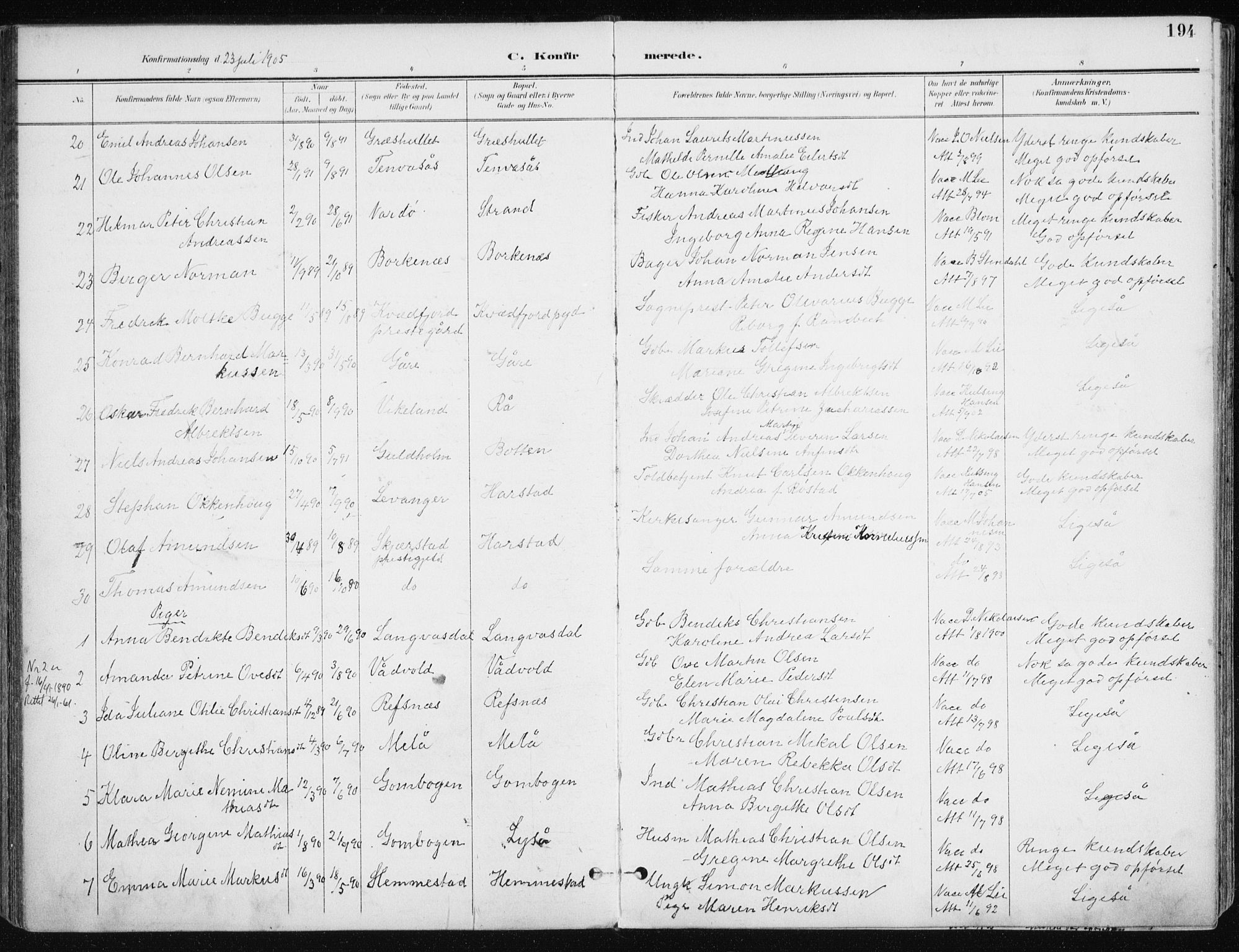 Kvæfjord sokneprestkontor, AV/SATØ-S-1323/G/Ga/Gaa/L0006kirke: Parish register (official) no. 6, 1895-1914, p. 194