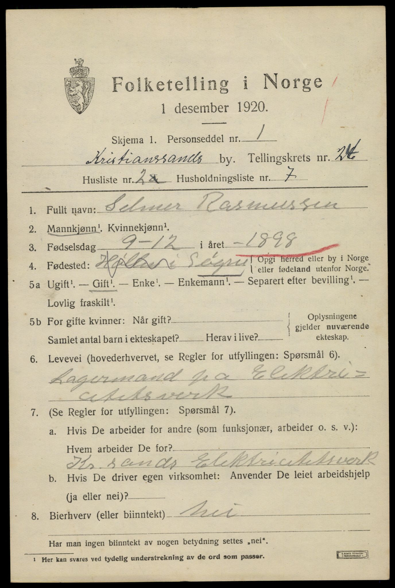 SAK, 1920 census for Kristiansand, 1920, p. 42285