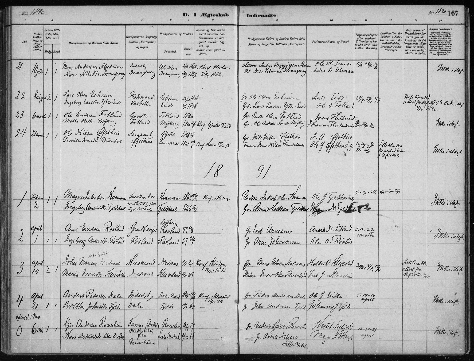 Hosanger sokneprestembete, AV/SAB-A-75801/H/Haa: Parish register (official) no. B  1, 1880-1896, p. 167