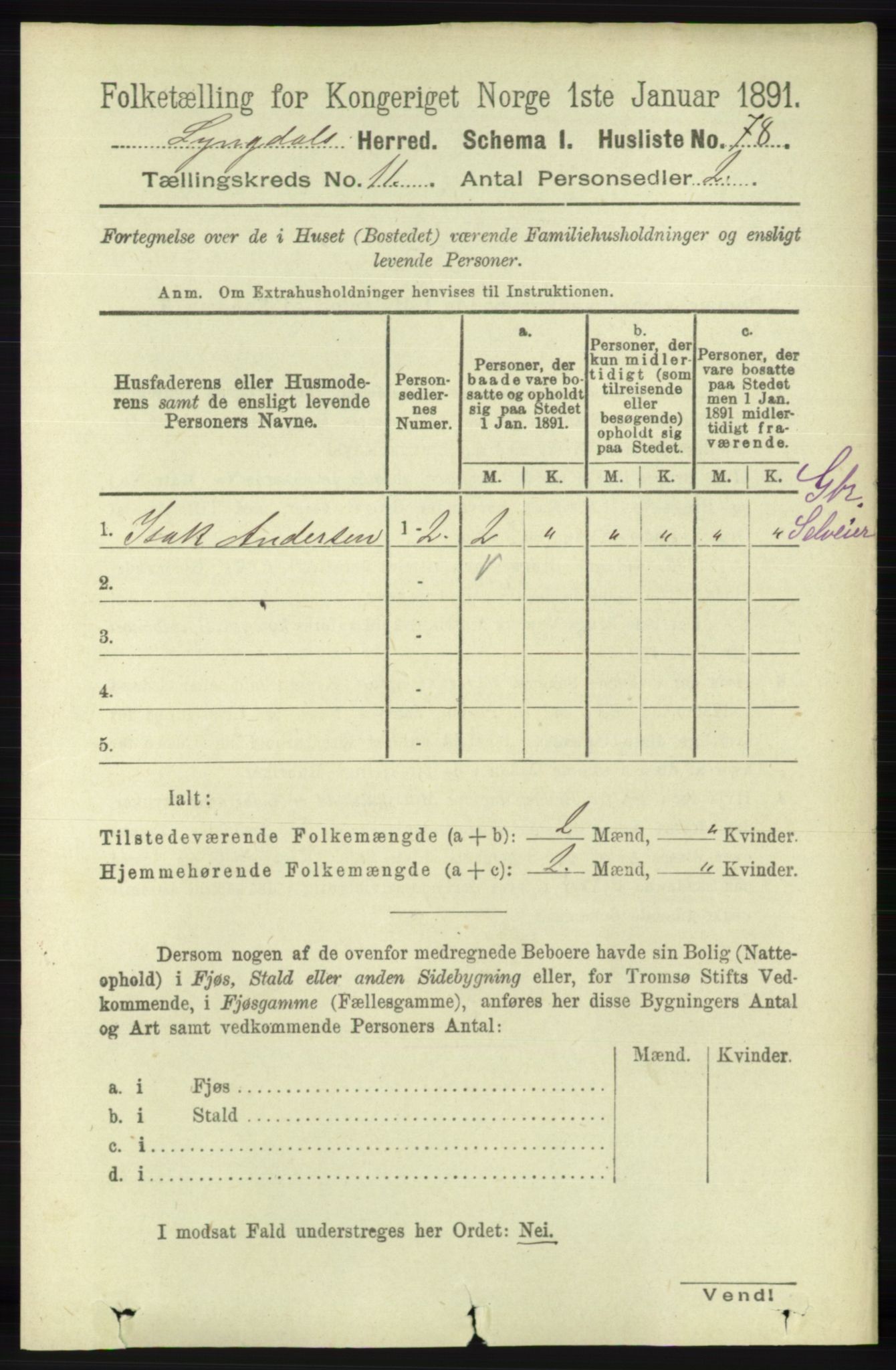 RA, 1891 census for 1032 Lyngdal, 1891, p. 4813