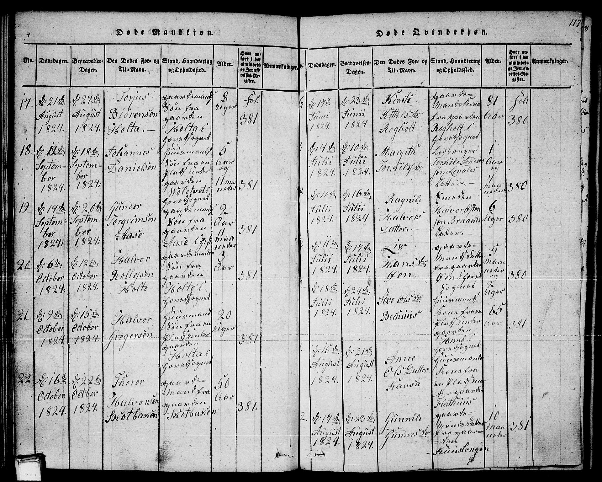 Sauherad kirkebøker, AV/SAKO-A-298/F/Fa/L0005: Parish register (official) no. I 5, 1815-1829, p. 117