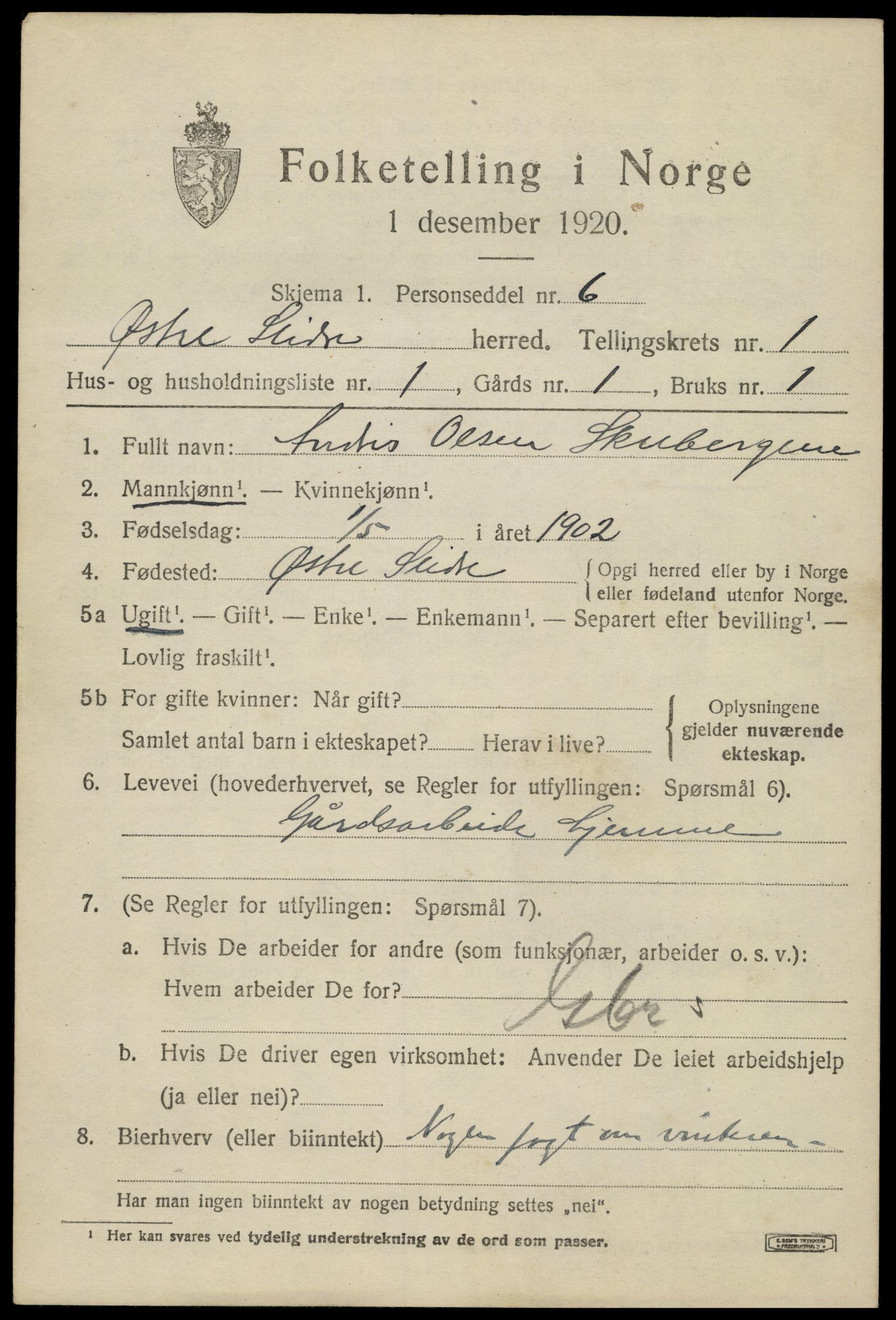 SAH, 1920 census for Øystre Slidre, 1920, p. 1013