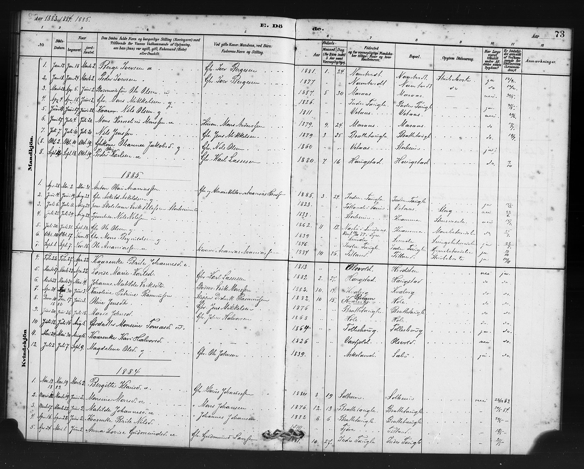 Manger sokneprestembete, AV/SAB-A-76801/H/Haa: Parish register (official) no. D 1, 1881-1892, p. 73