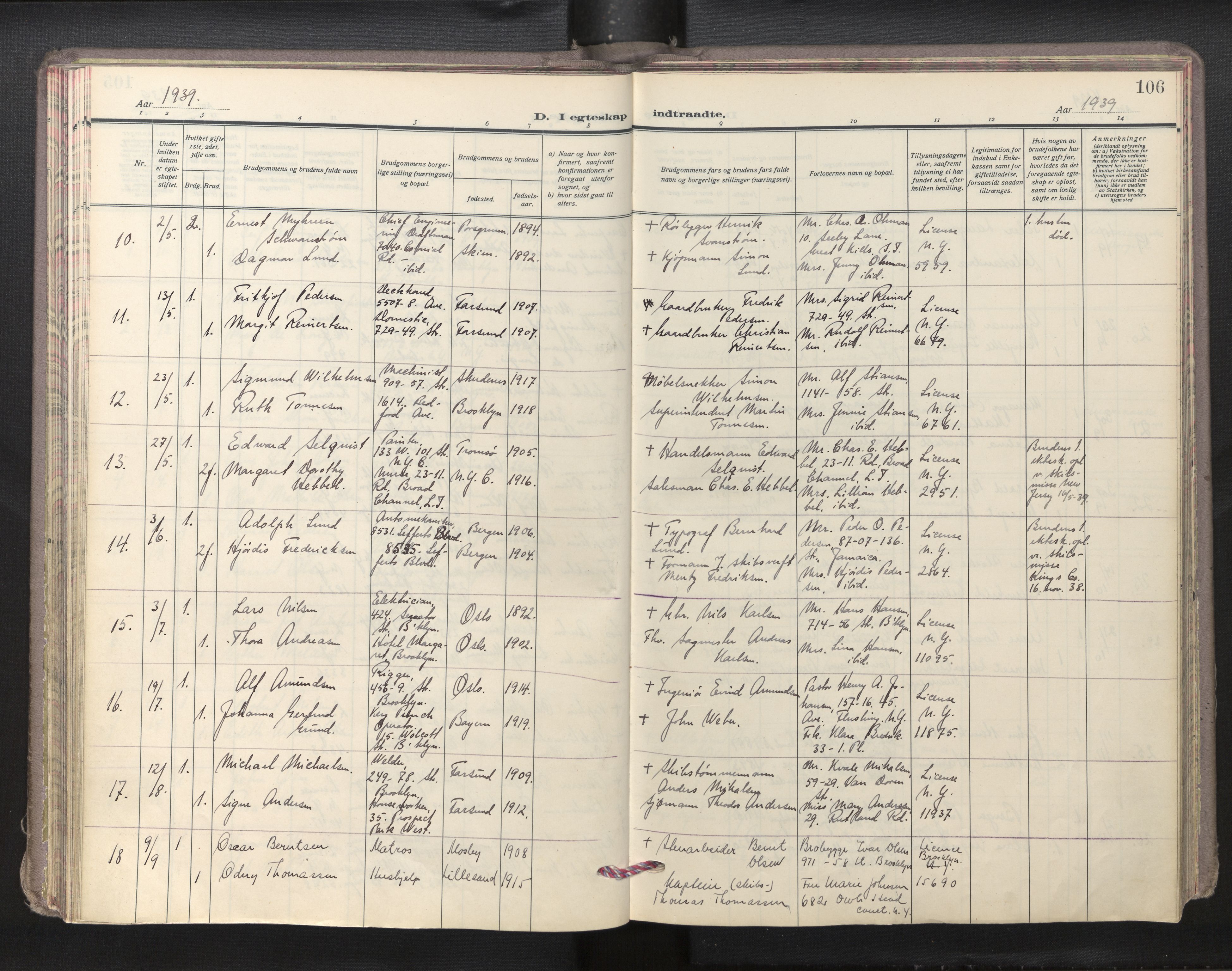 Den norske sjømannsmisjon i utlandet/New York, AV/SAB-SAB/PA-0110/H/Ha/L0009: Parish register (official) no. A 9, 1935-1945, p. 105b-106a