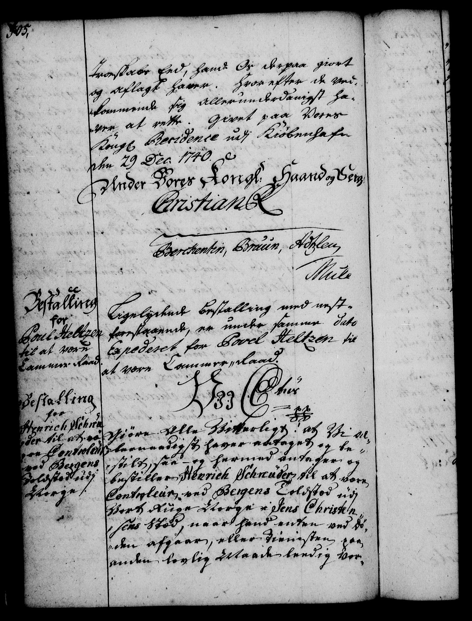 Rentekammeret, Kammerkanselliet, RA/EA-3111/G/Gg/Gge/L0002: Norsk bestallingsprotokoll med register (merket RK 53.26), 1730-1744, p. 505
