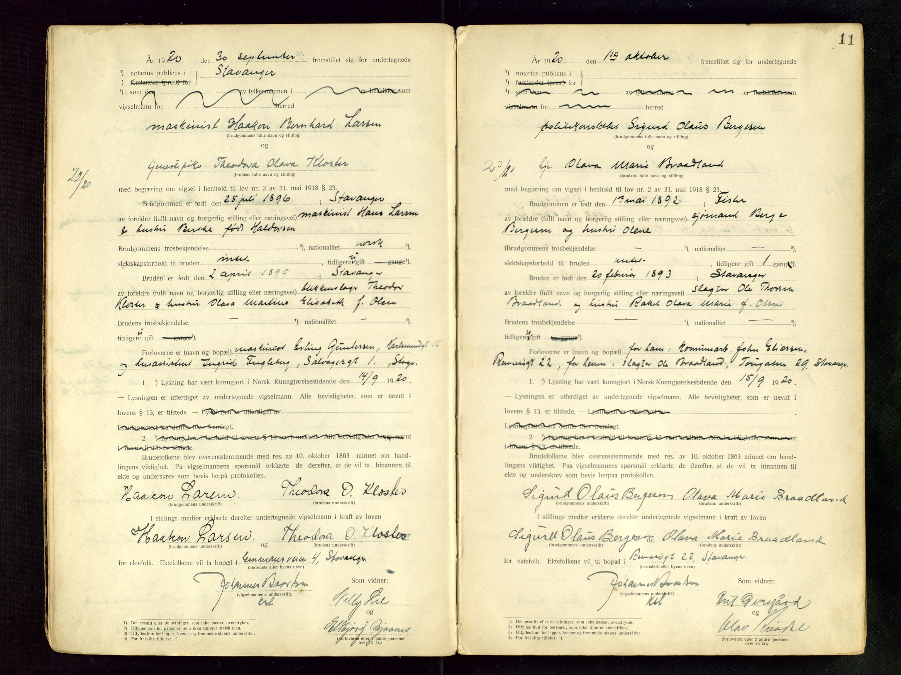 Stavanger byfogd, AV/SAST-A-101408/001/6/62/62BB/L0001: Vigselsprotokoll, 1920-1926, p. 11