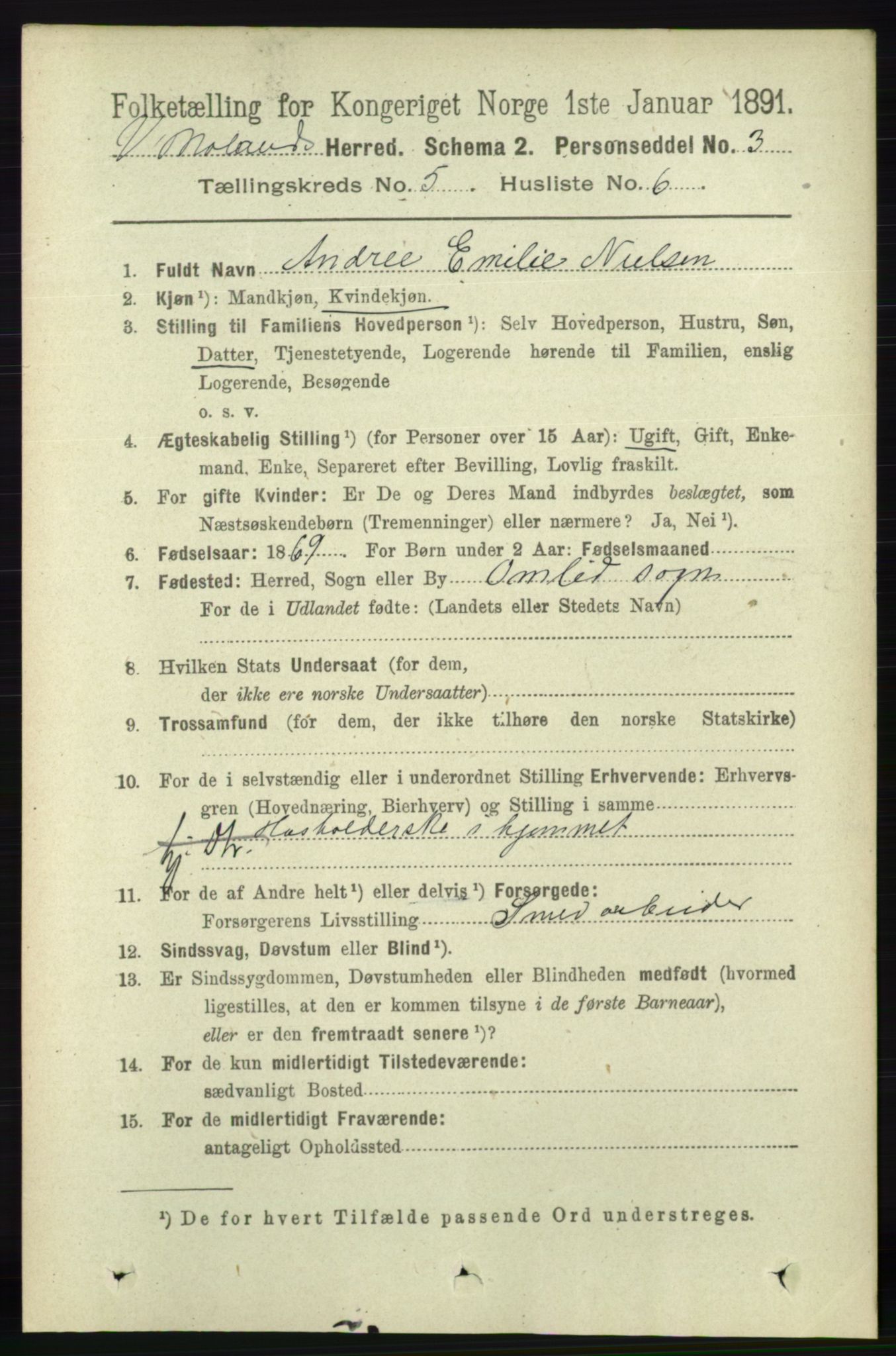 RA, 1891 census for 0926 Vestre Moland, 1891, p. 1872