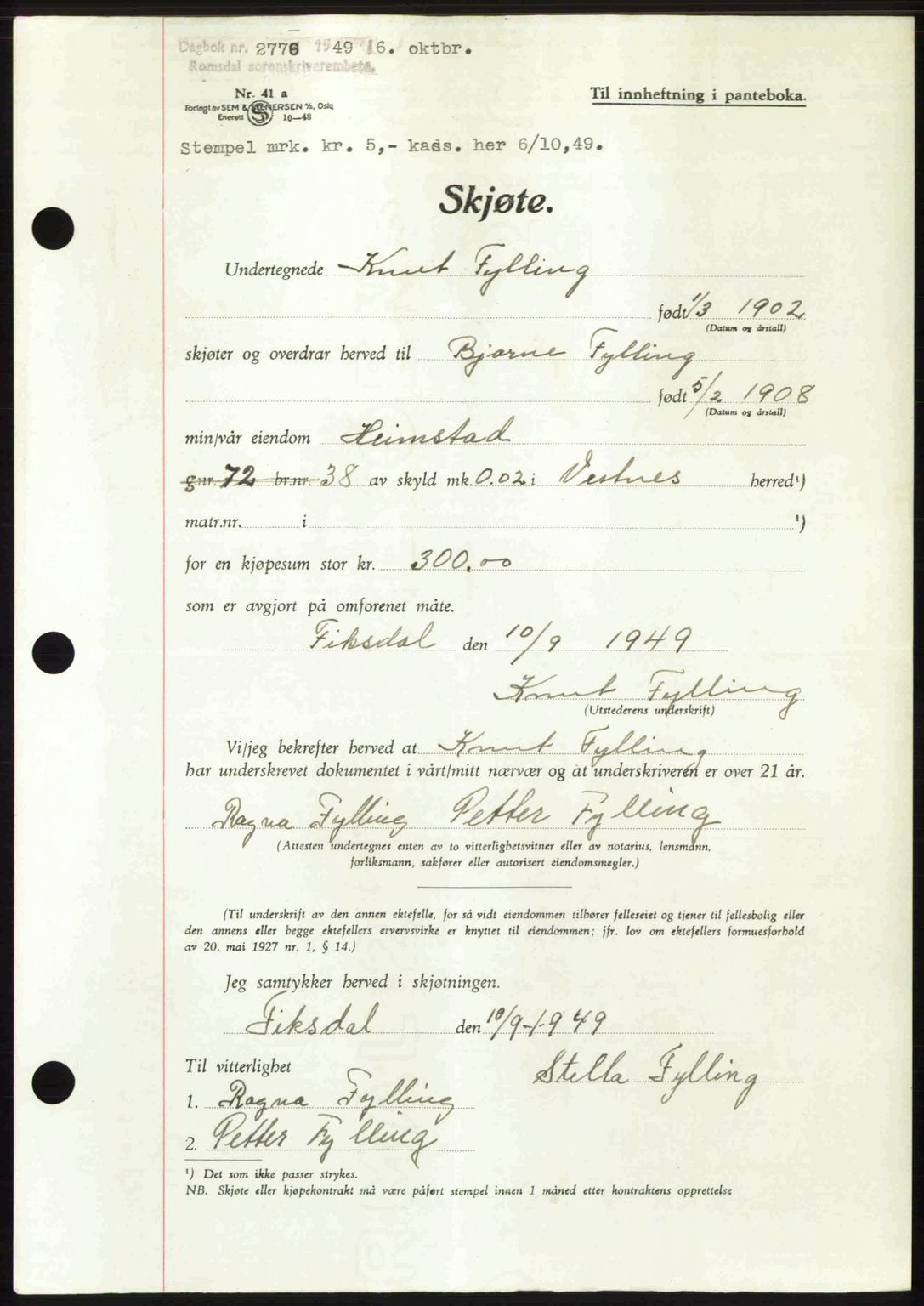 Romsdal sorenskriveri, AV/SAT-A-4149/1/2/2C: Mortgage book no. A31, 1949-1949, Diary no: : 2776/1949