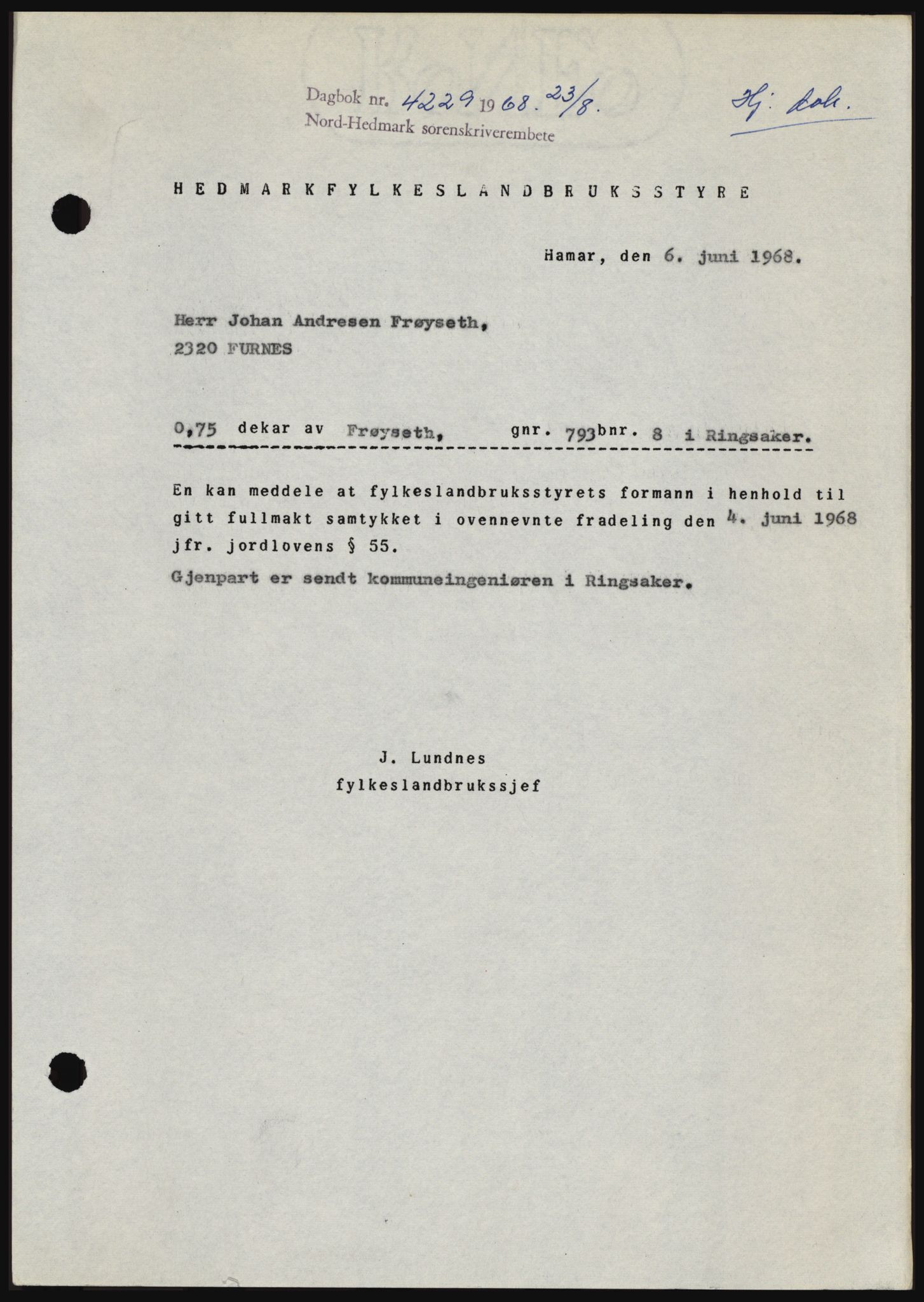 Nord-Hedmark sorenskriveri, SAH/TING-012/H/Hc/L0028: Mortgage book no. 28, 1968-1968, Diary no: : 4229/1968