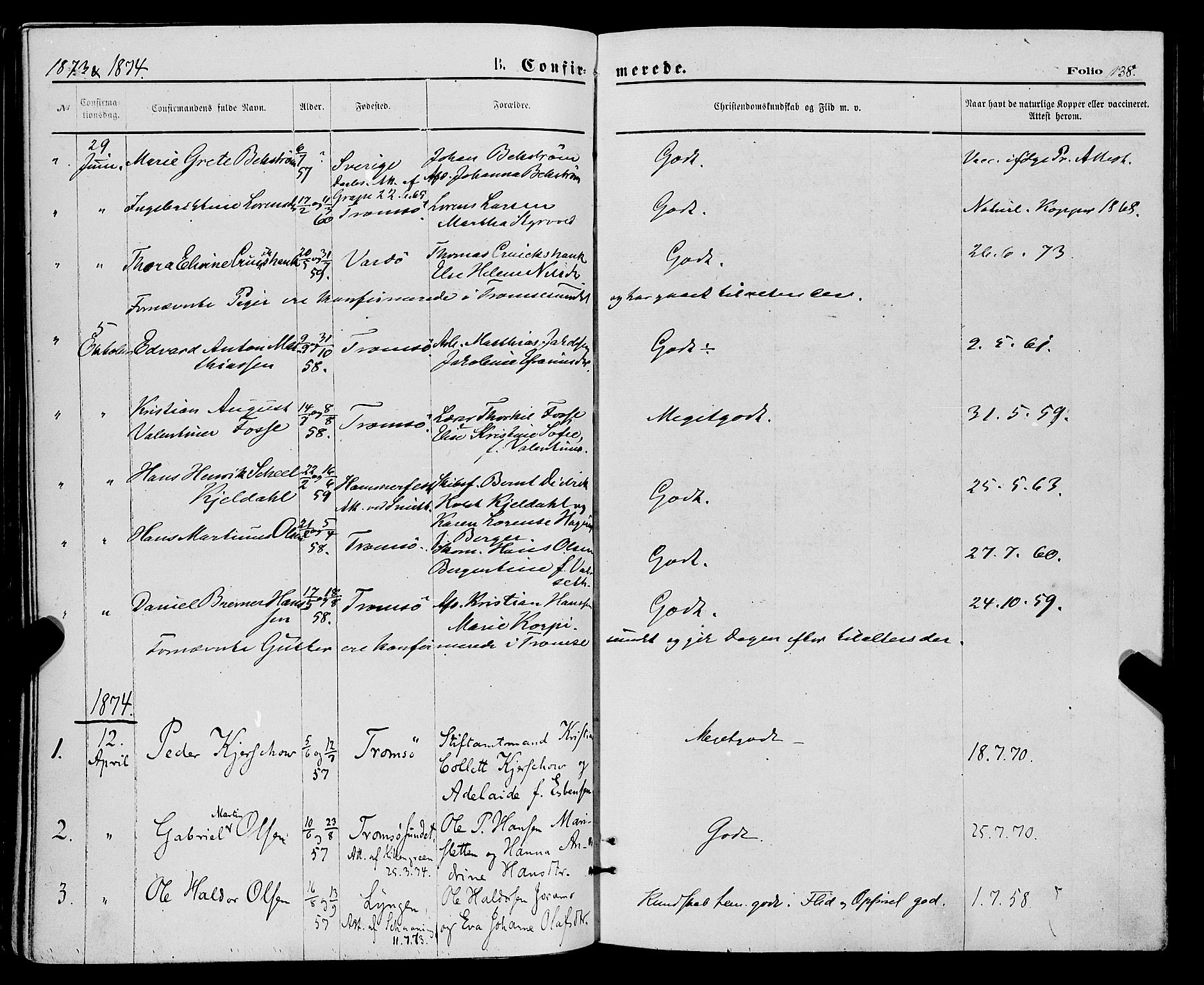 Tromsø sokneprestkontor/stiftsprosti/domprosti, SATØ/S-1343/G/Ga/L0013kirke: Parish register (official) no. 13, 1872-1877, p. 138