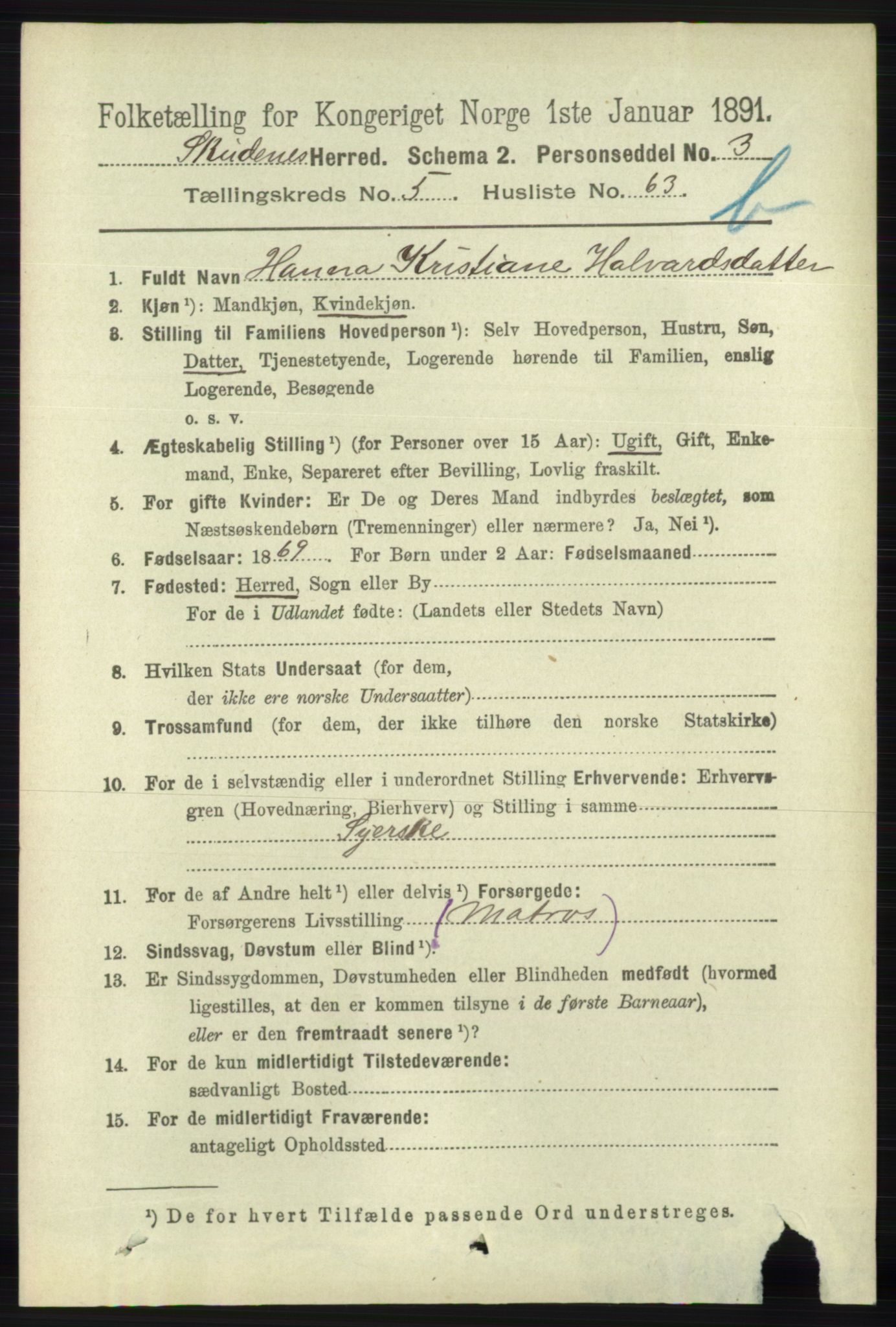 RA, 1891 census for 1150 Skudenes, 1891, p. 5556