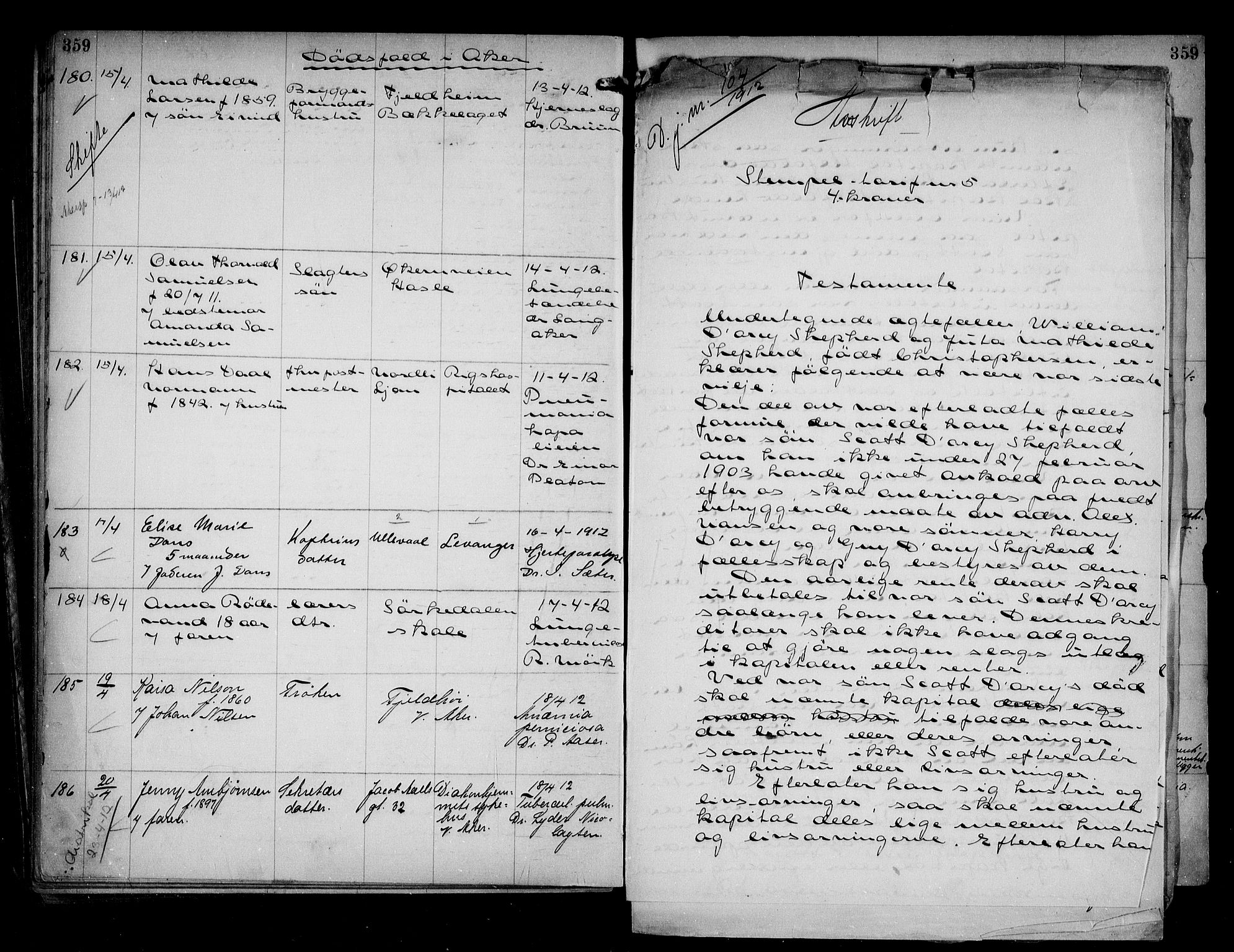 Aker kriminaldommer, skifte- og auksjonsforvalterembete, AV/SAO-A-10452/H/Hb/Hba/Hbaa/L0002: Dødsfallsprotokoll, 1907-1912, p. 359