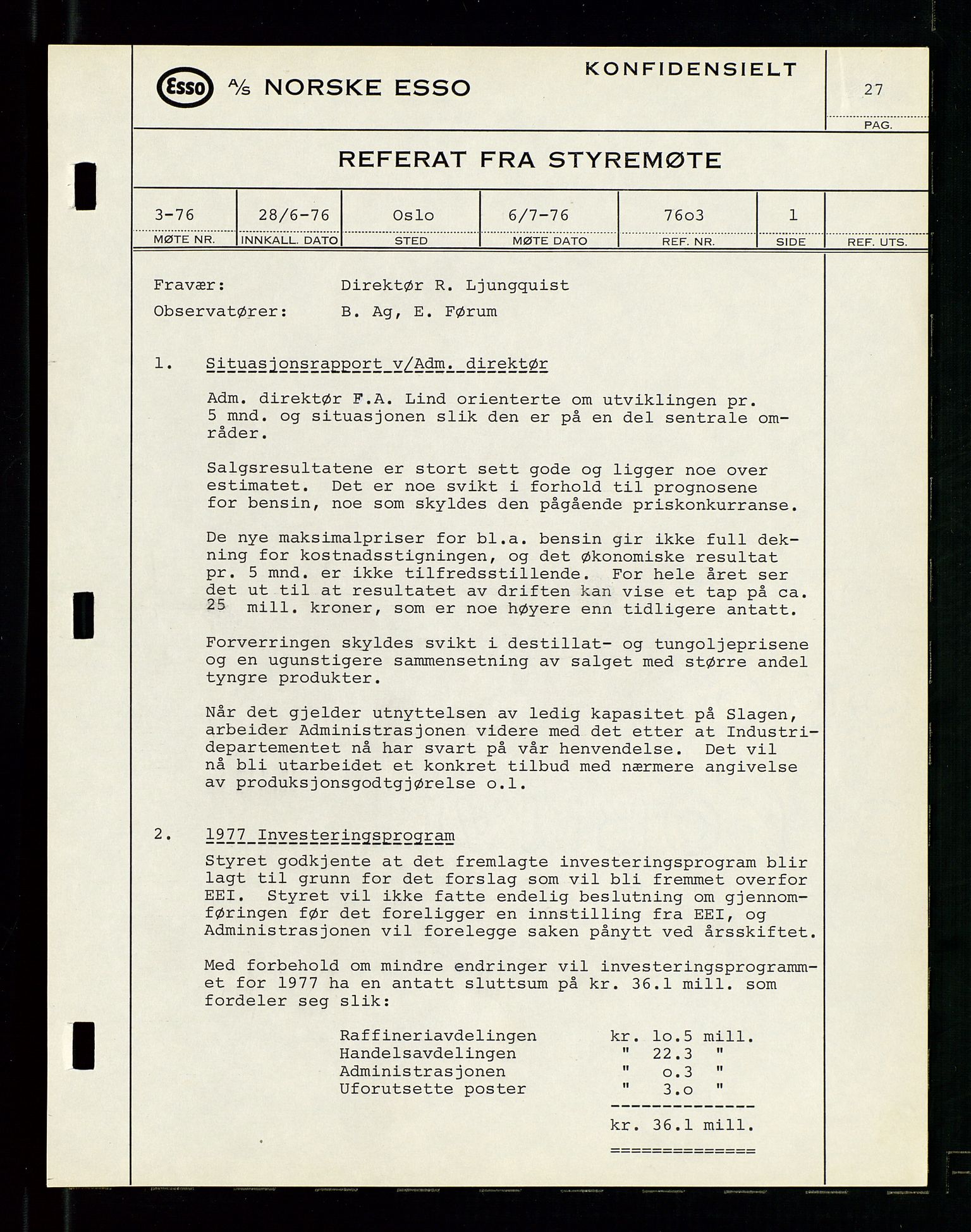 Pa 0982 - Esso Norge A/S, AV/SAST-A-100448/A/Aa/L0003/0003: Den administrerende direksjon Board minutes (styrereferater) og Bedriftforsamlingsprotokoll / Den administrerende direksjon Board minutes (styrereferater), 1975-1985, p. 27