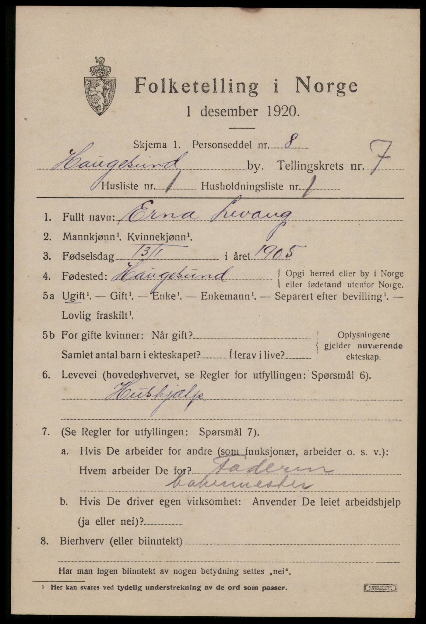 SAST, 1920 census for Haugesund, 1920, p. 25079