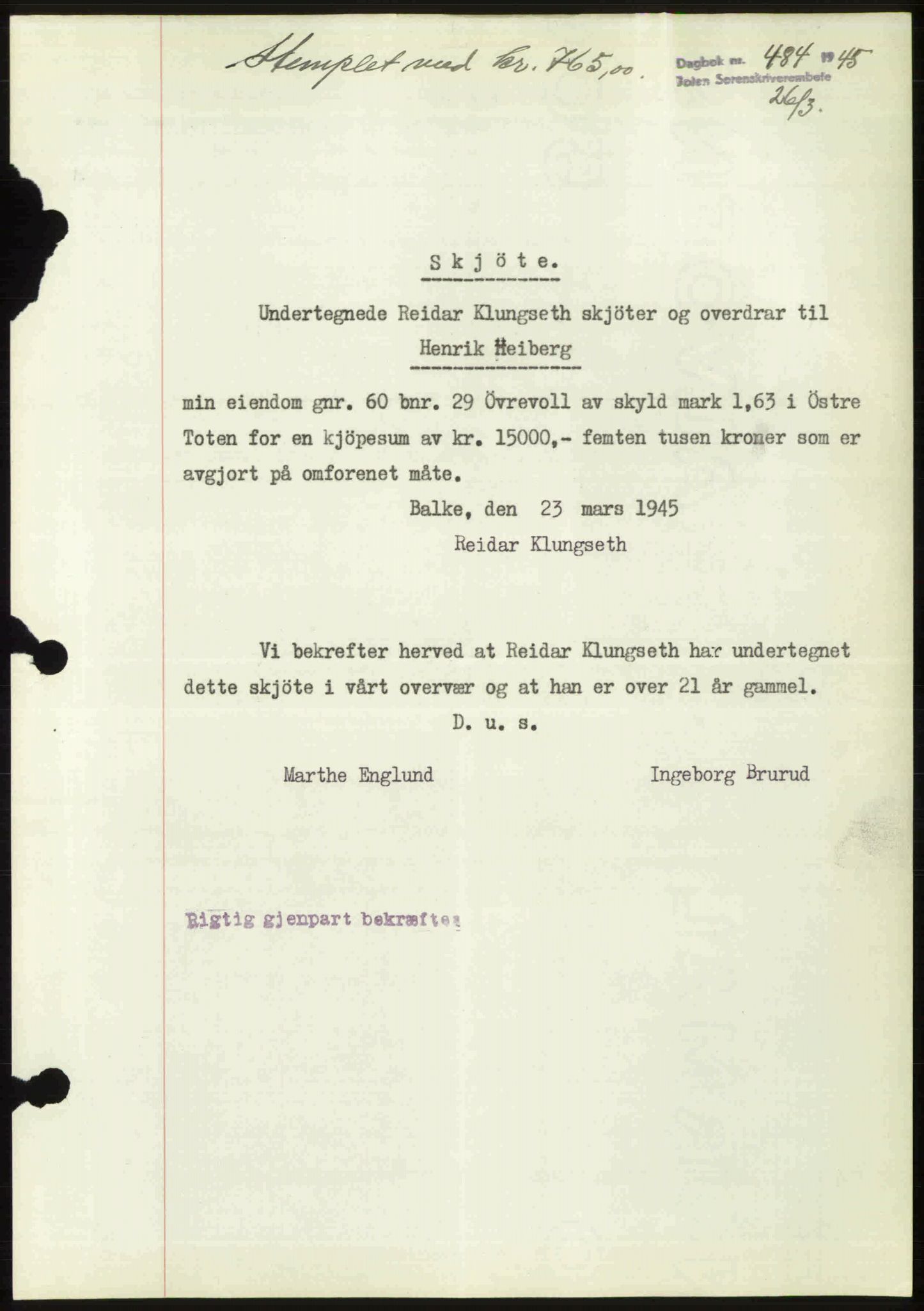 Toten tingrett, SAH/TING-006/H/Hb/Hbc/L0013: Mortgage book no. Hbc-13, 1945-1945, Diary no: : 484/1945